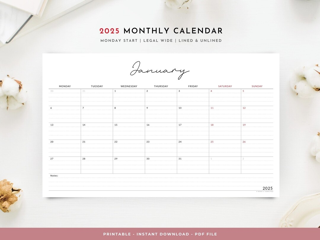2025 Monthly Yearly Printable Wall Calendar Horizontal Legal Size 8 5 X 14 Monday Start Lined And Unlined Simple Minimalist Design Etsy