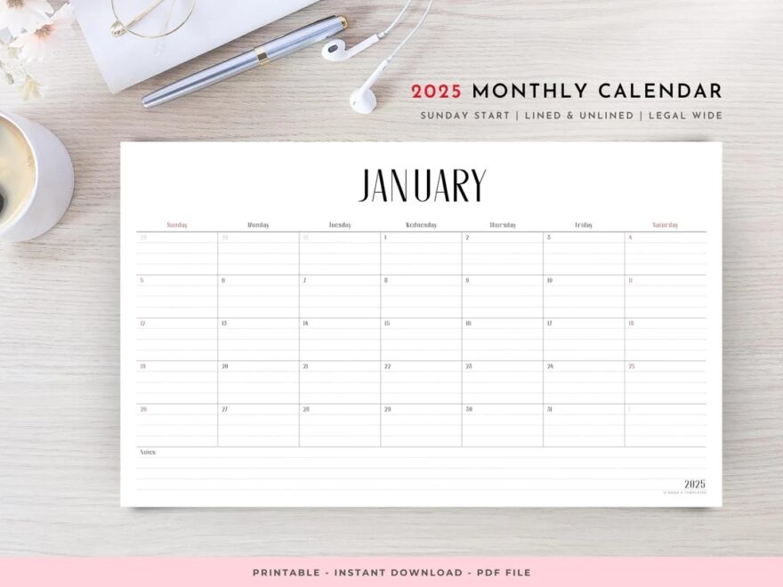 2025 Monthly Yearly Printable Wall Calendar Horizontal Legal Size 8 5 X 14 Sunday Start Lined And Unlined Simple Minimalist Design Etsy