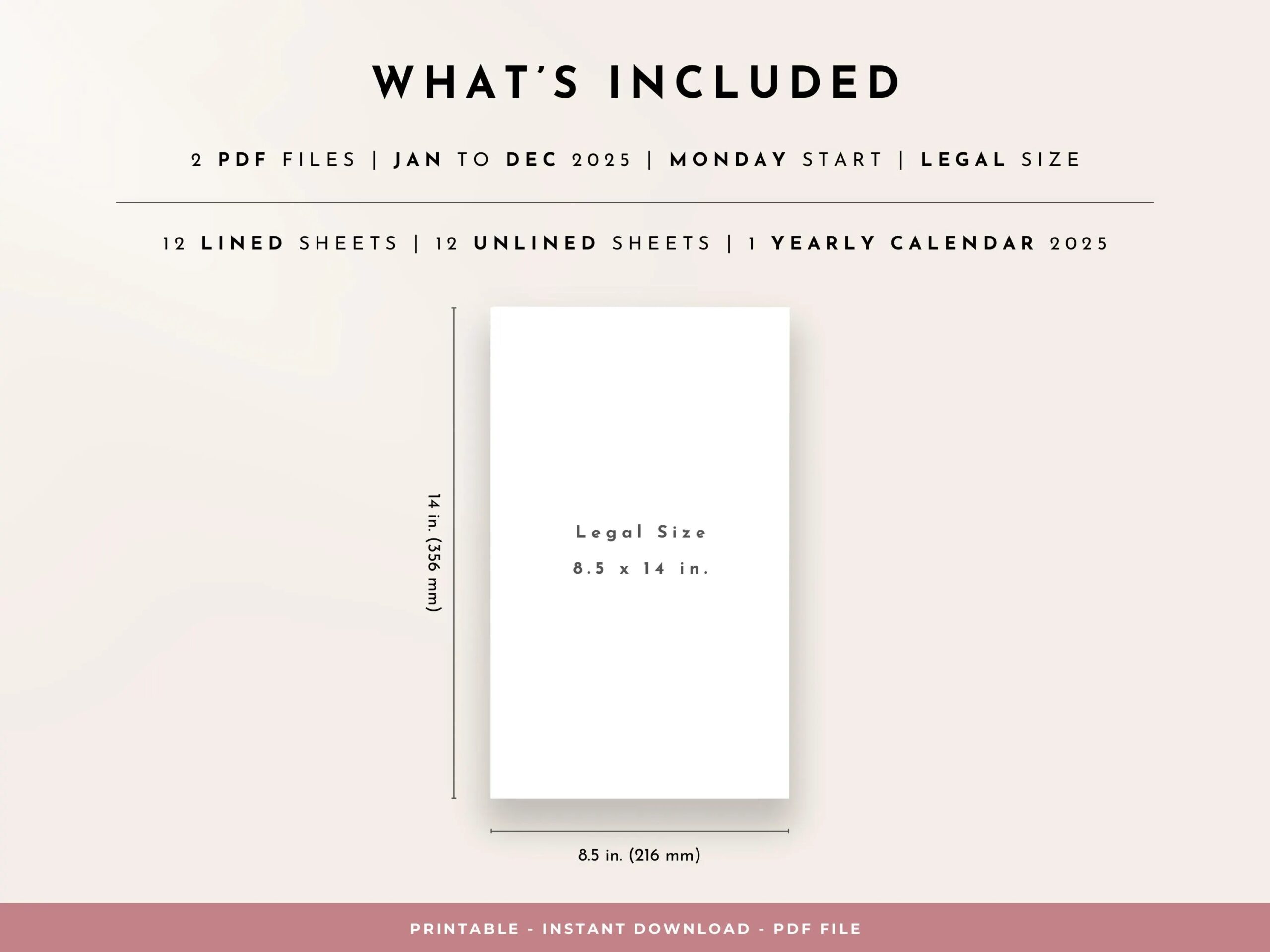 2025 Monthly Yearly Printable Wall Calendar Vertical Legal Size 8 5 X 14 Monday Start Lined And Unlined Simple Minimalist Design Etsy