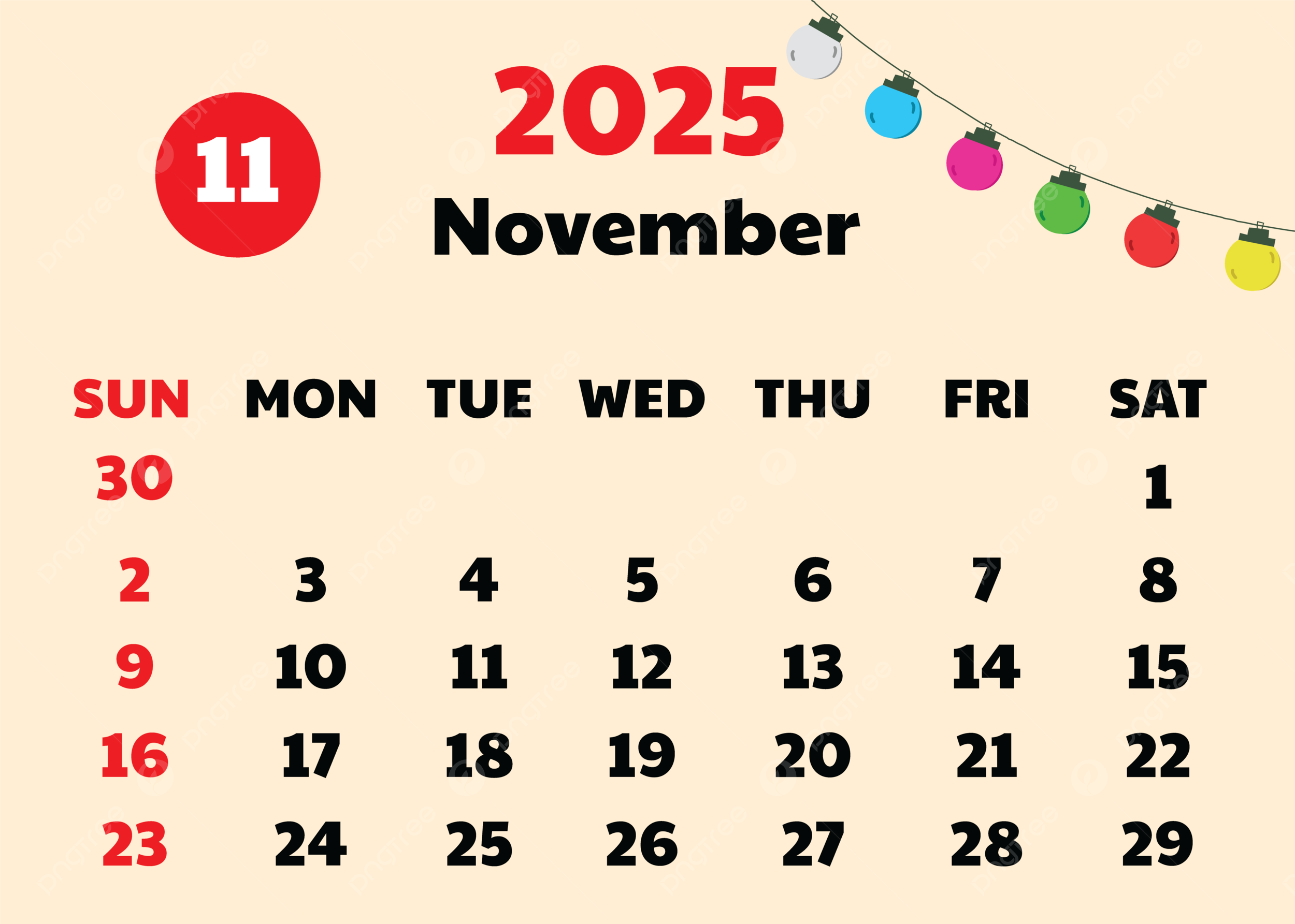 2025 November Calendar Cute Design Vector With String Bulb Lights Background Template Download On Pngtree
