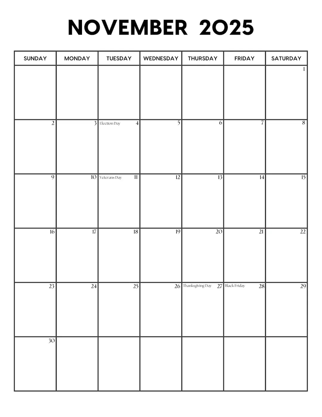 2025 November Calendar With Holidays November Calendar Printable Sunday Monday Start Letter A4 PDF PNG November Planner Etsy