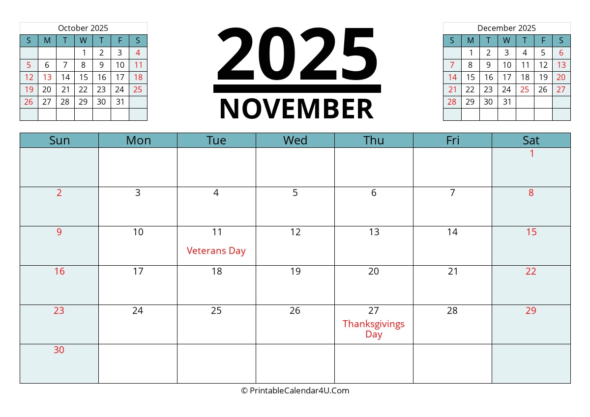 2025 November Calendars PrintableCalendar4U Com