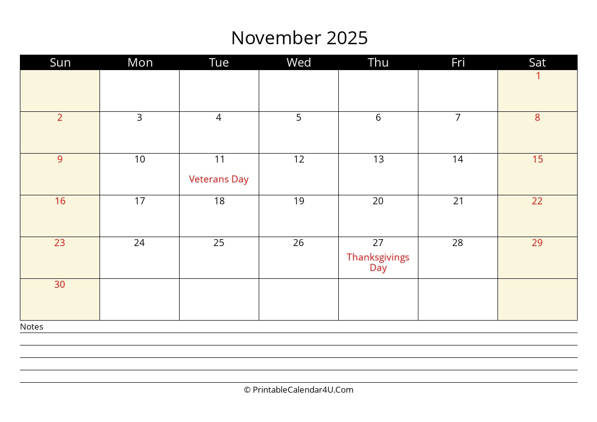 2025 November Calendars PrintableCalendar4U Com