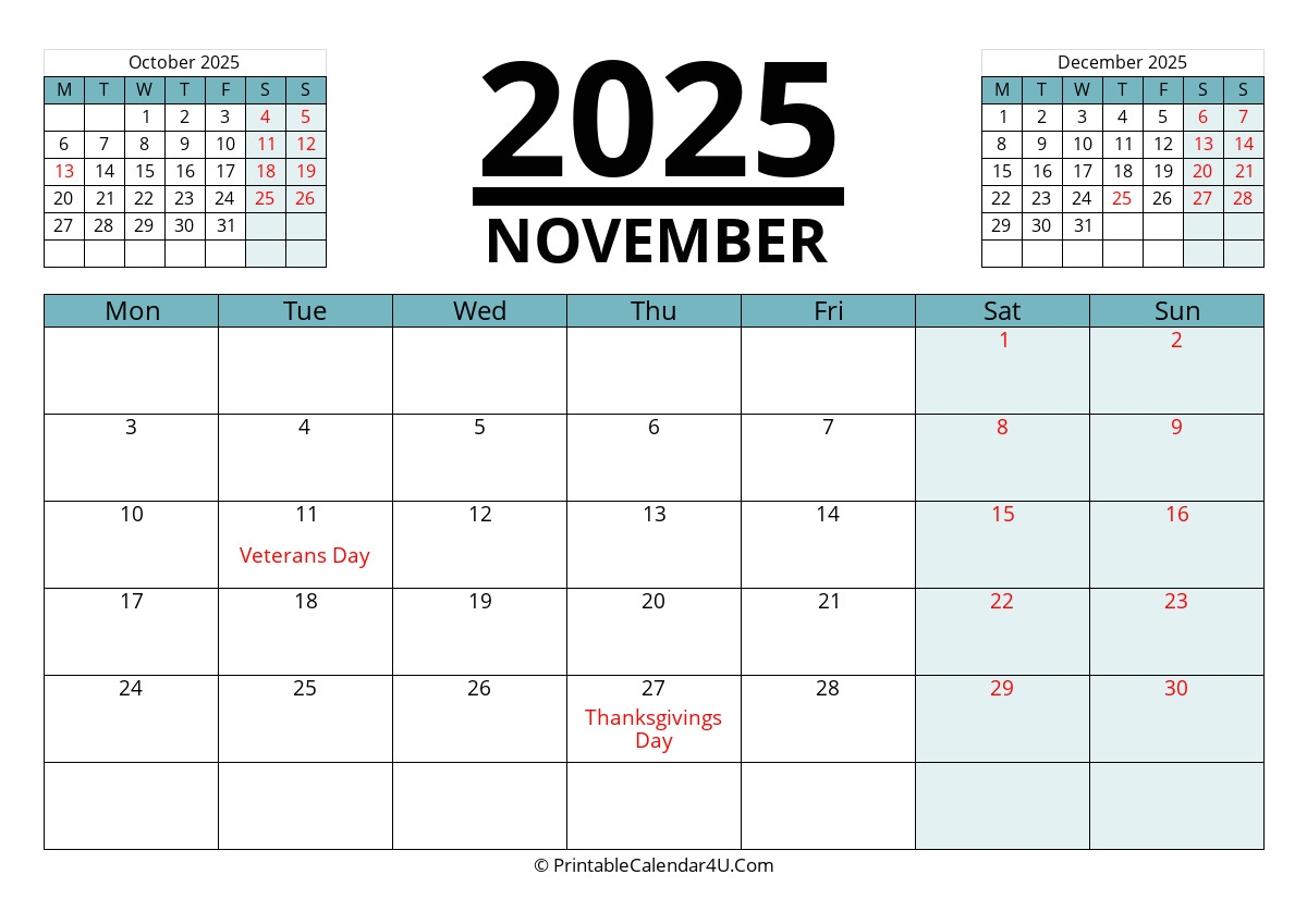 Blank November 2025 Calendar With Holidays
