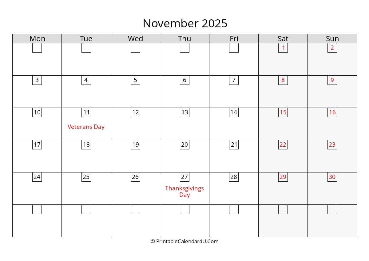 2025 November Calendars PrintableCalendar4U Com