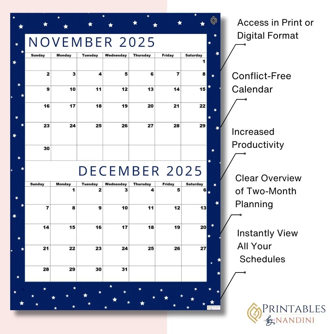 2025 November December 2025 Calendar 2 Month Organized Planner For Professionals Sunday Start cool Navy A4 PDF Instant Download Etsy