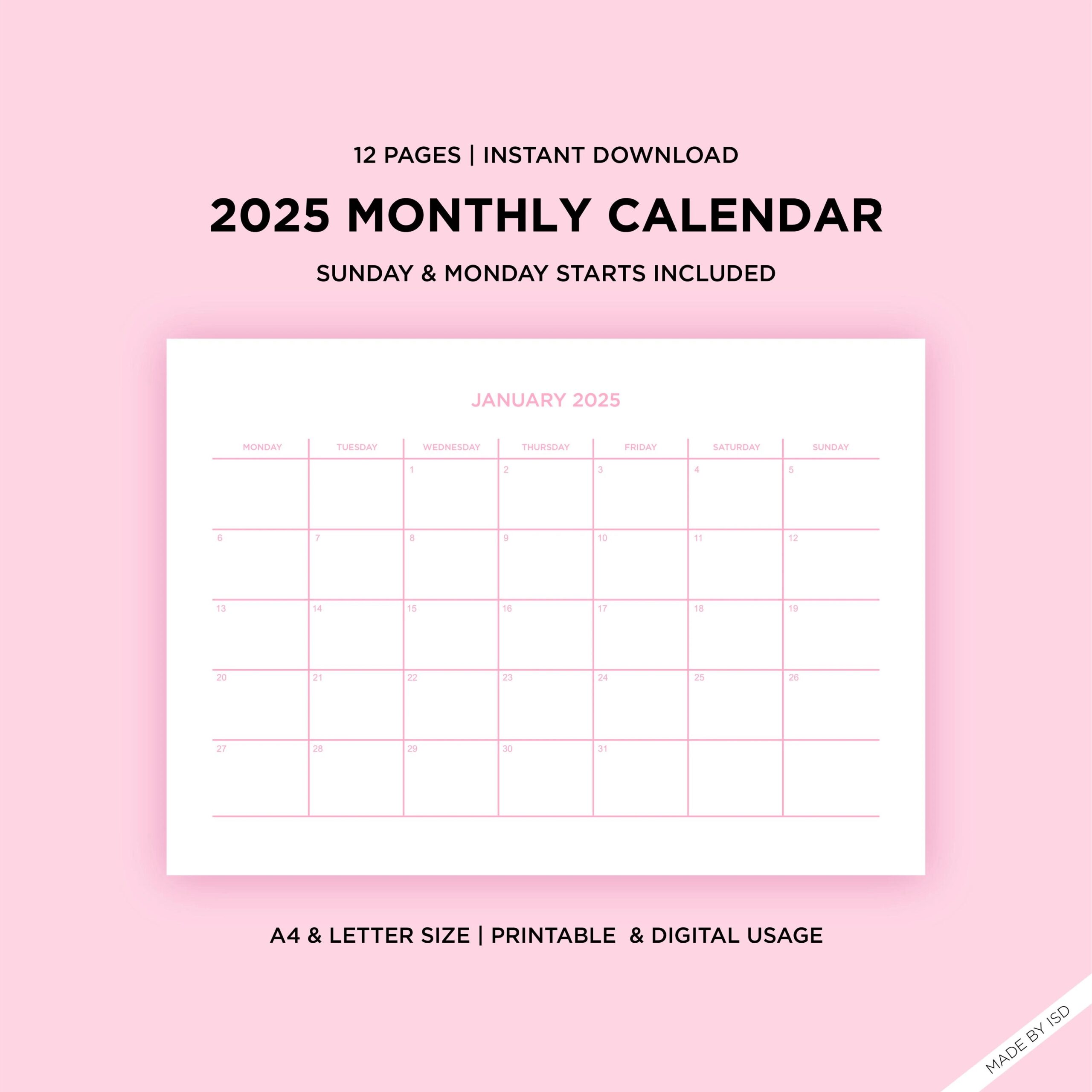 2025 Calendar Monthly Blank Printable
