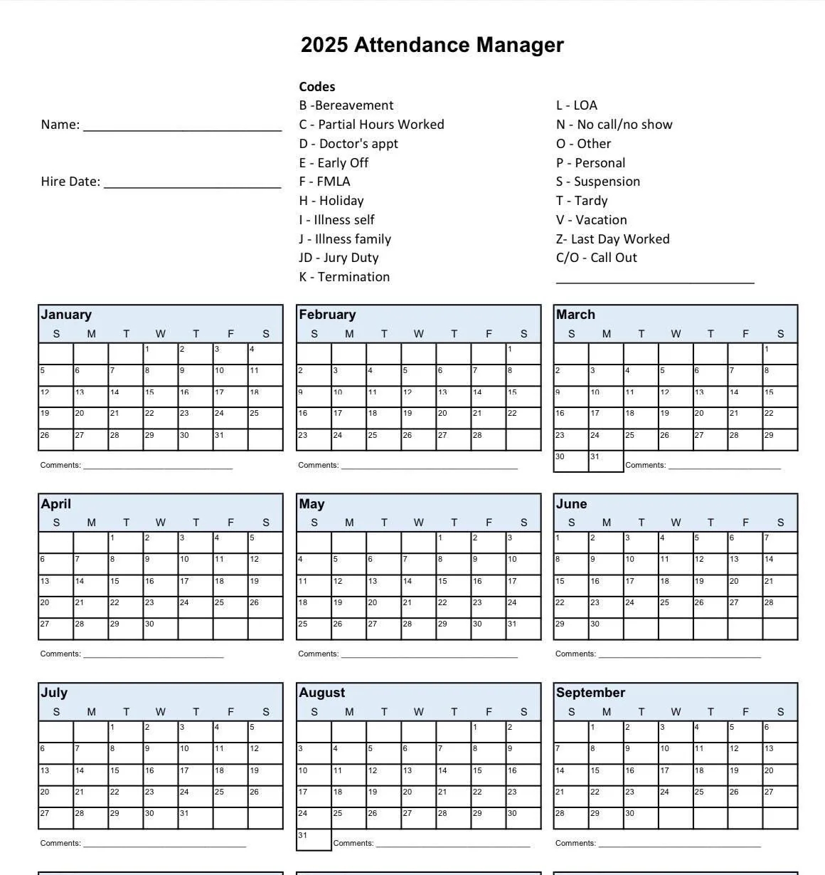 2025 Printable Calendar For Employee Attendance School PTO Schedule Time Off Tracker Small Business Data Vacation Tracker Days Off Etsy