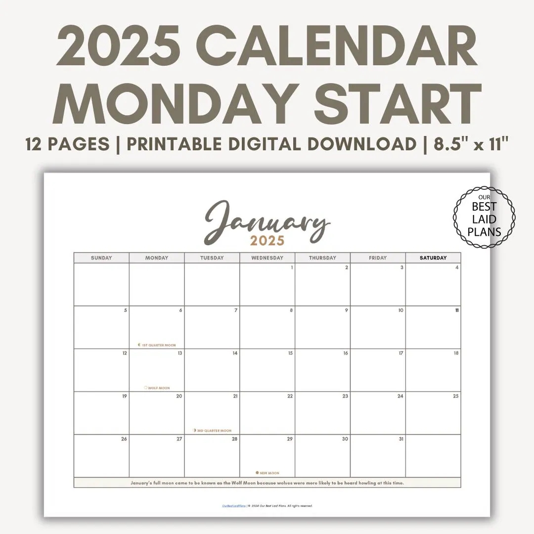 2025 Printable Calendar PDF Monday Start Calendar For 2025 Digital Download Simple Calendar For 2025 Monday Start Etsy