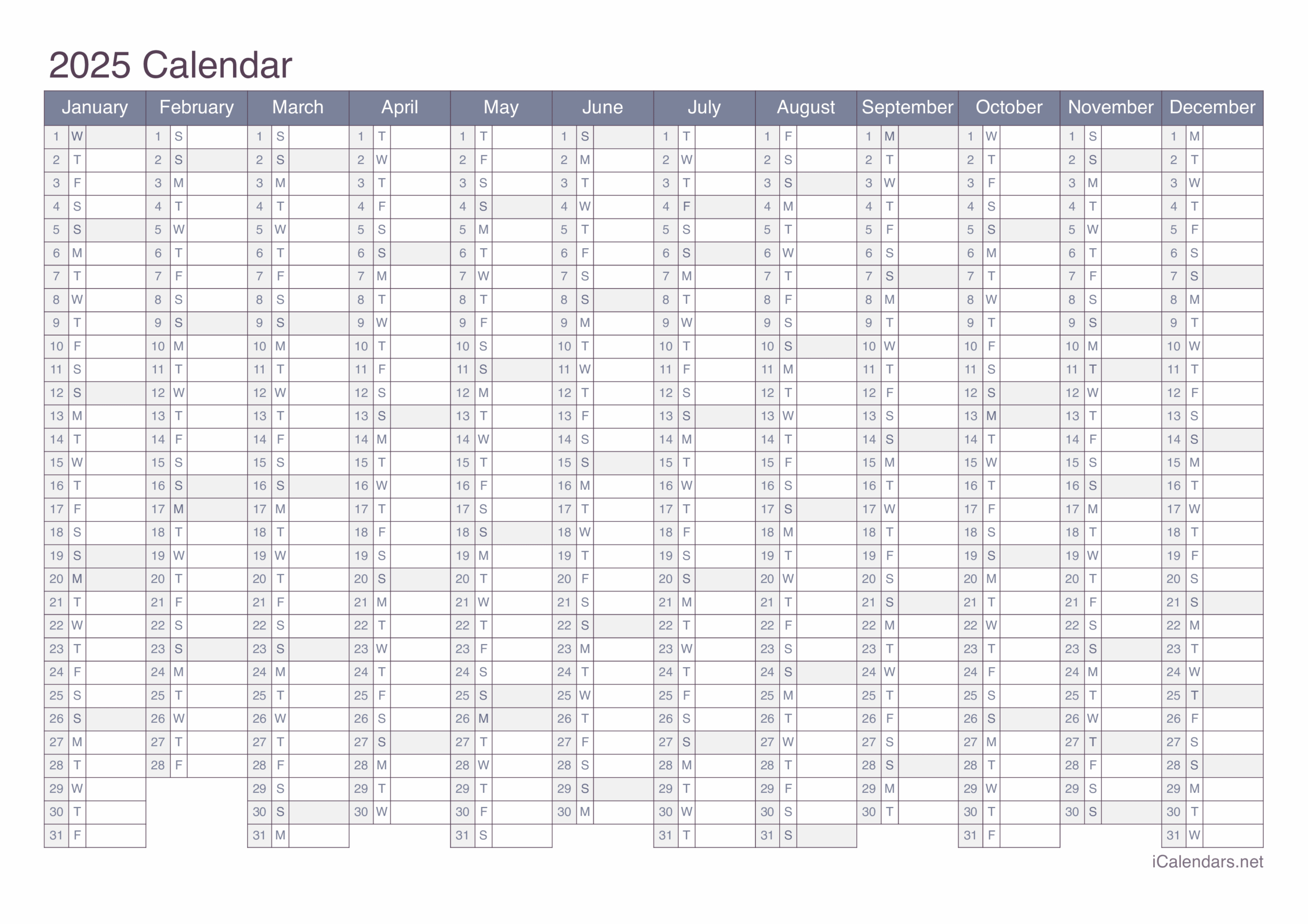 2025 Year Blank Calendar