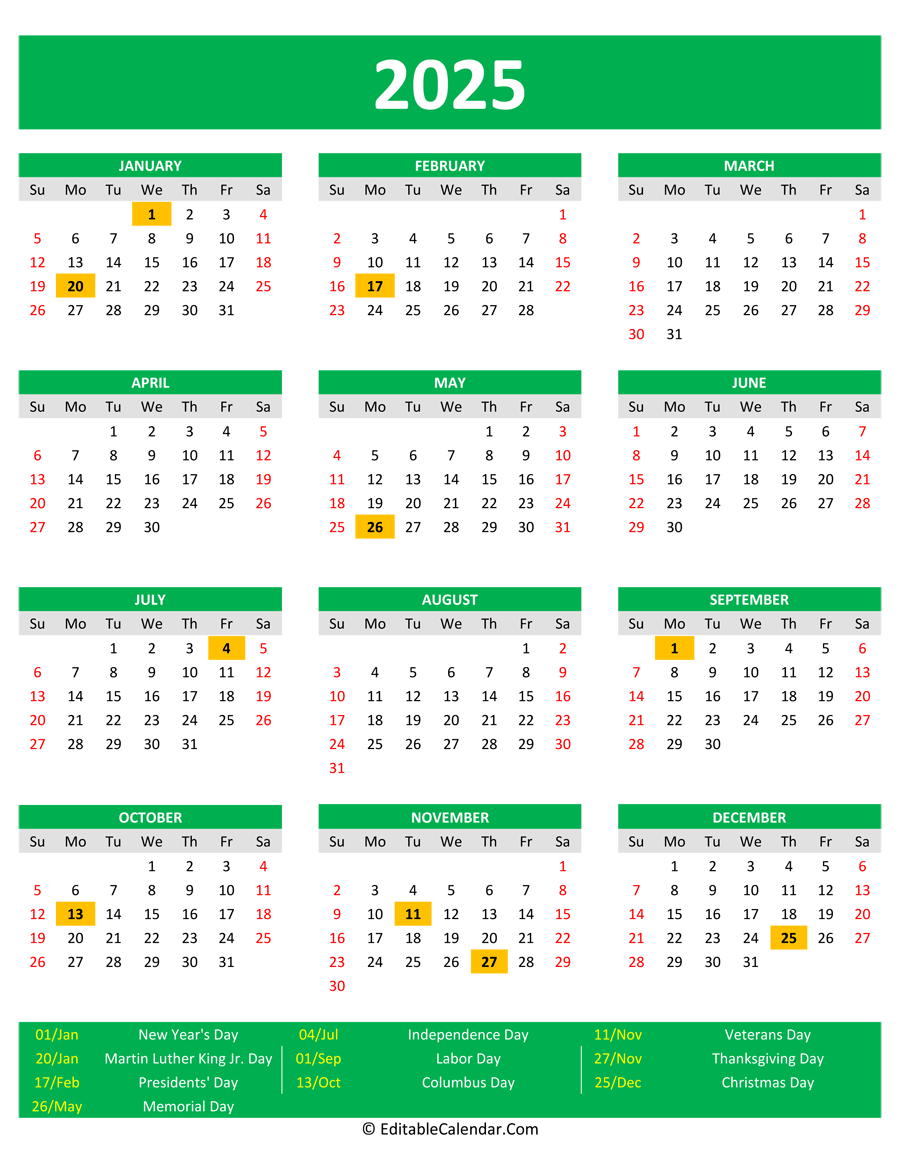 2025 Printable Calendar With Holidays Portrait Orientation 