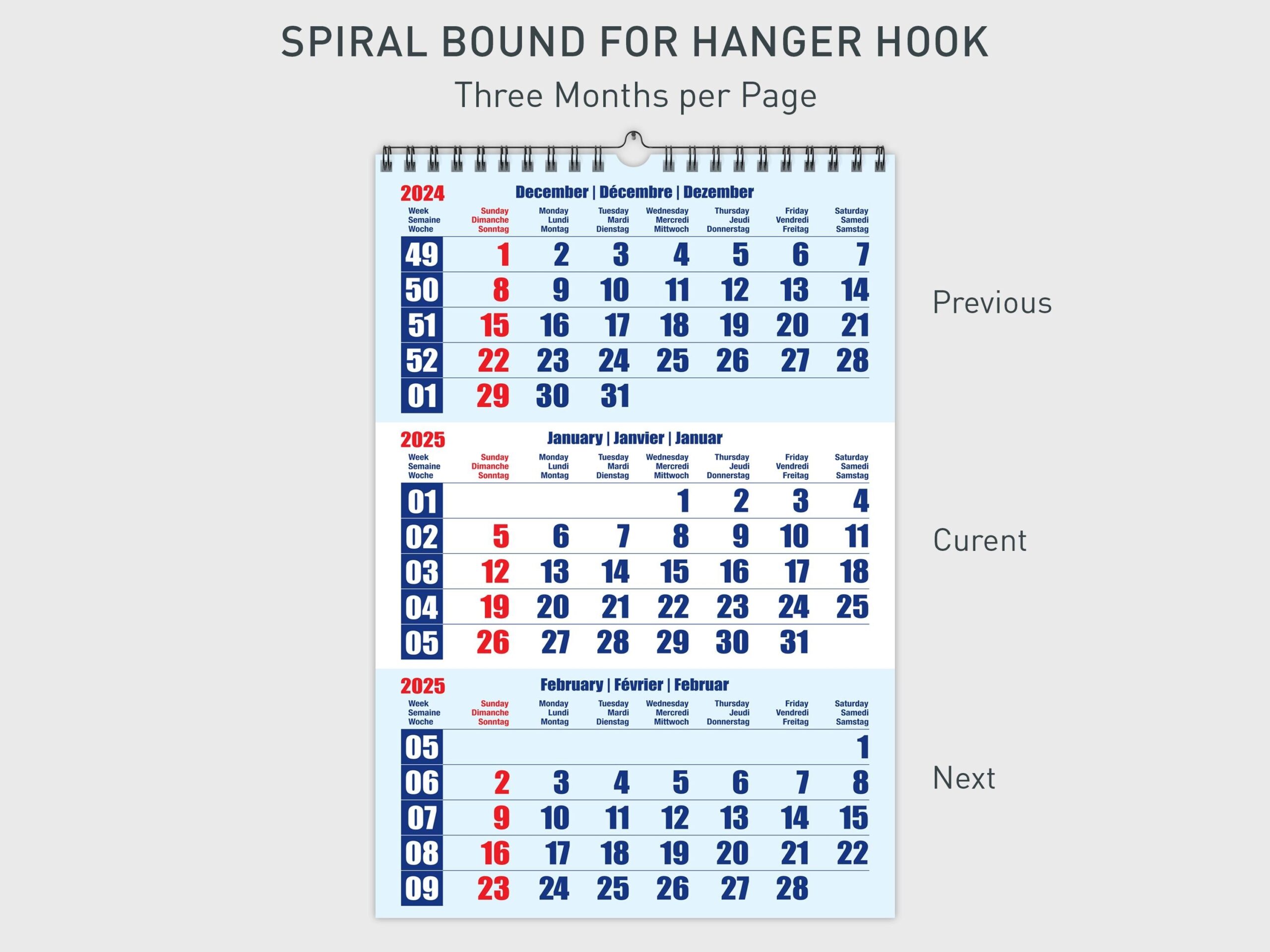 2025 Printable Wall Calendar For Spiral Bound With 3 Months Per Page And 3 Languages Large Wall Calendar For Hanger Hook Etsy