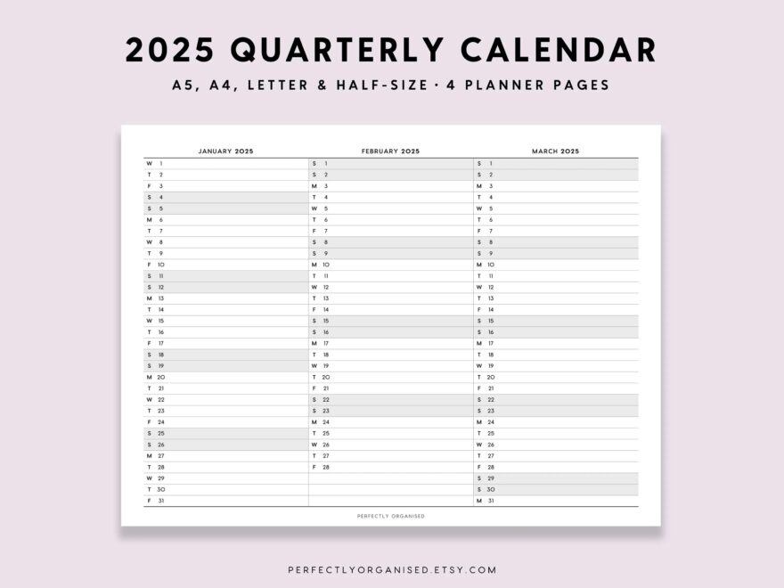 2025 Quarterly Calendar 2025 Foldout Calendar 2025 Folding Calendar 2025 3 Month Calendar Classic A5 Half size A4 Letter PRINTABLE Etsy