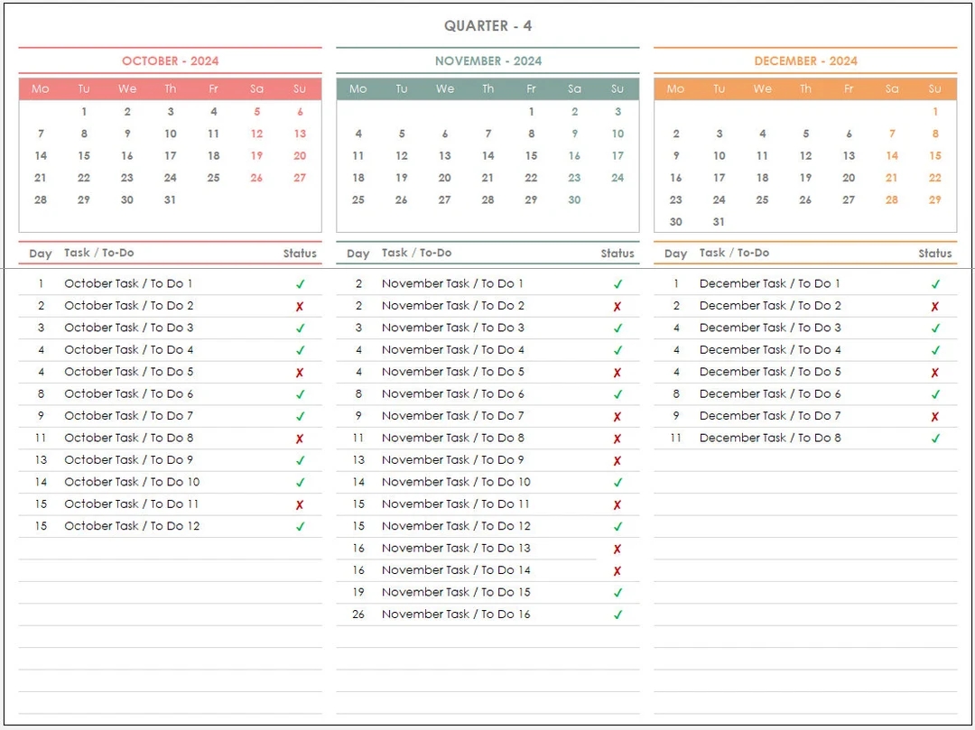 2025 Quarterly Calendar Task List Excel Template digital Download Etsy