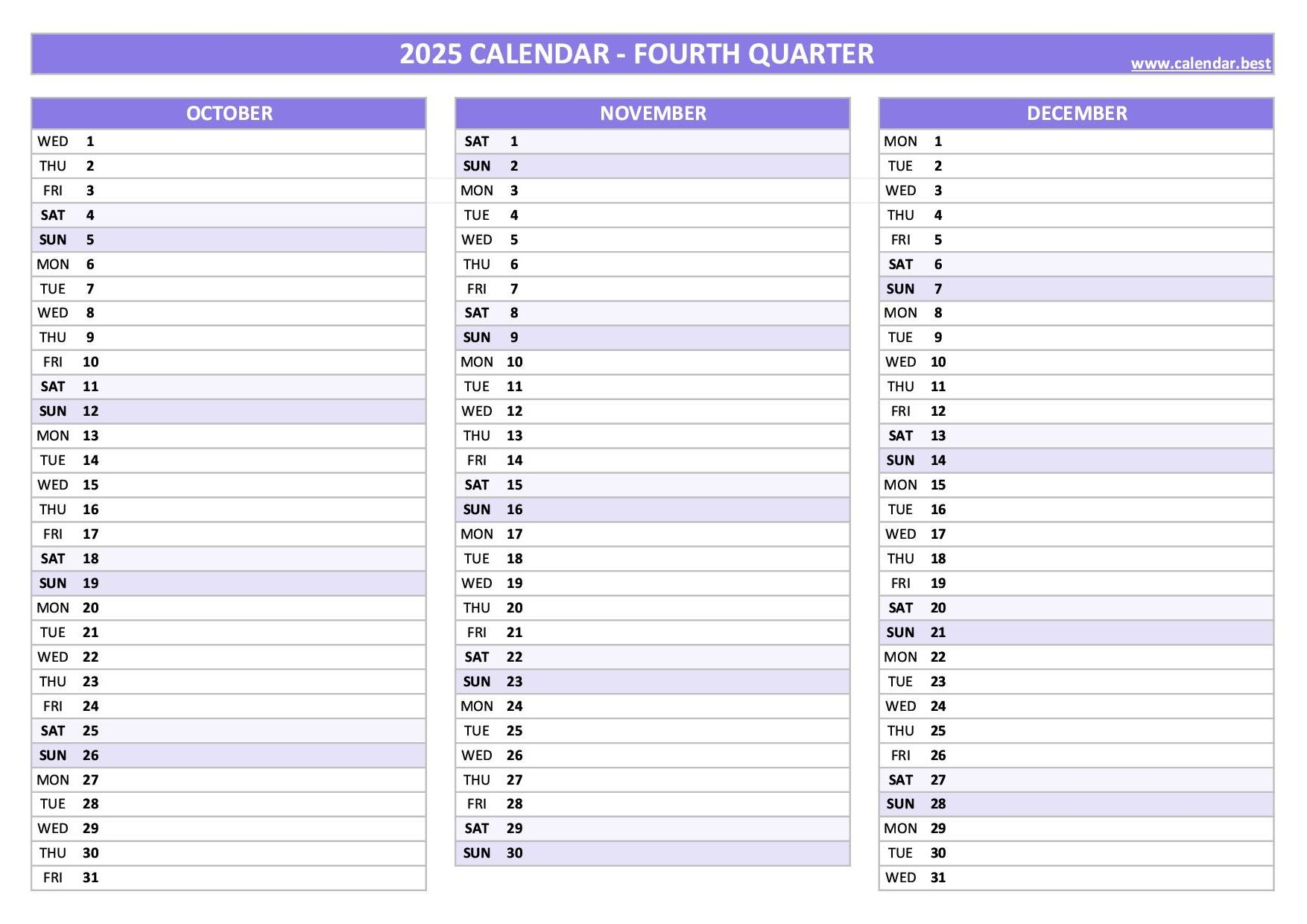 2025 Quarterly Calendar To Print