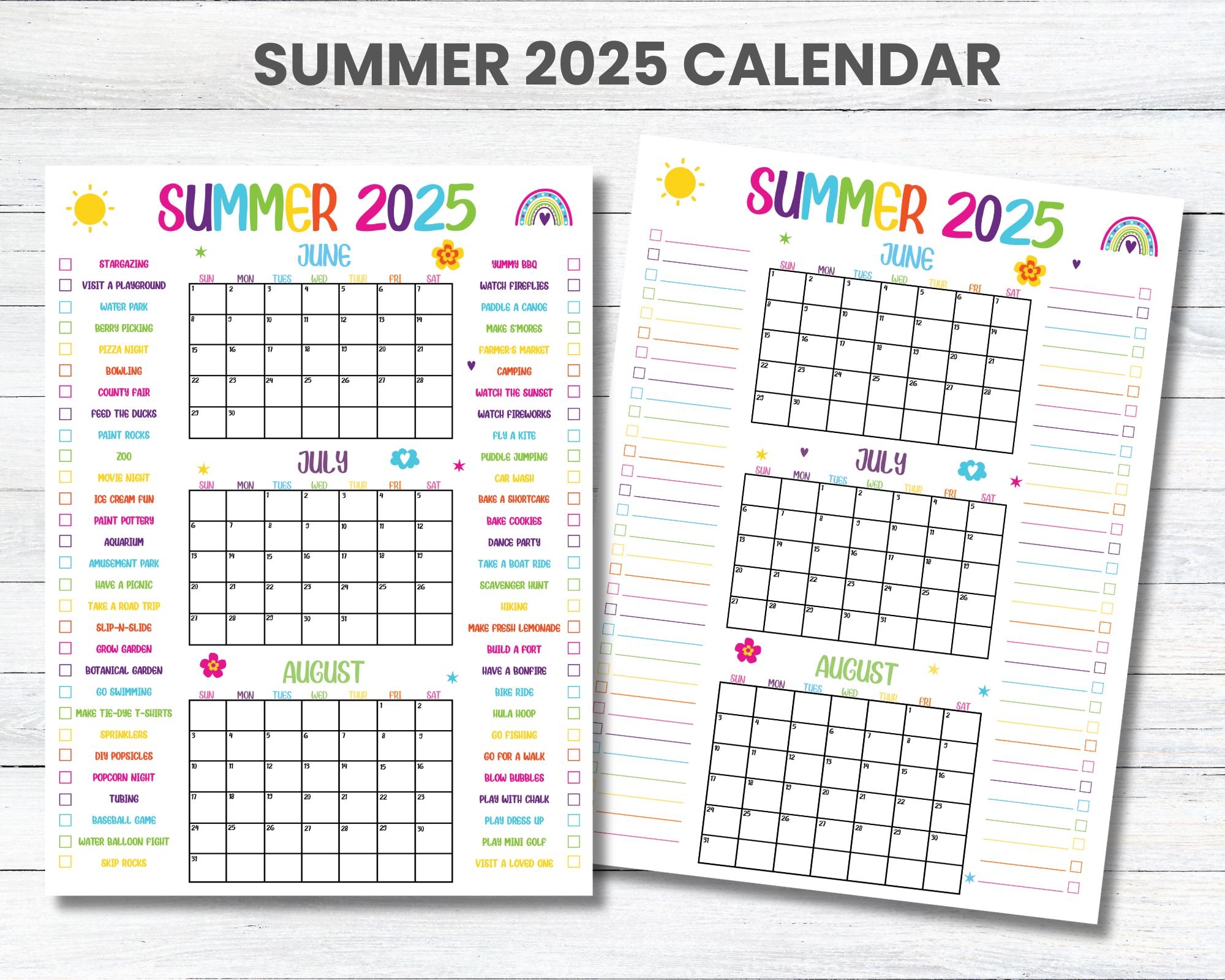 2025 Summer Printable Calendar Bundle Kids Summer Calendar Activities Calendar Girls Summer Bucket List Boys Summer Check List Print Etsy