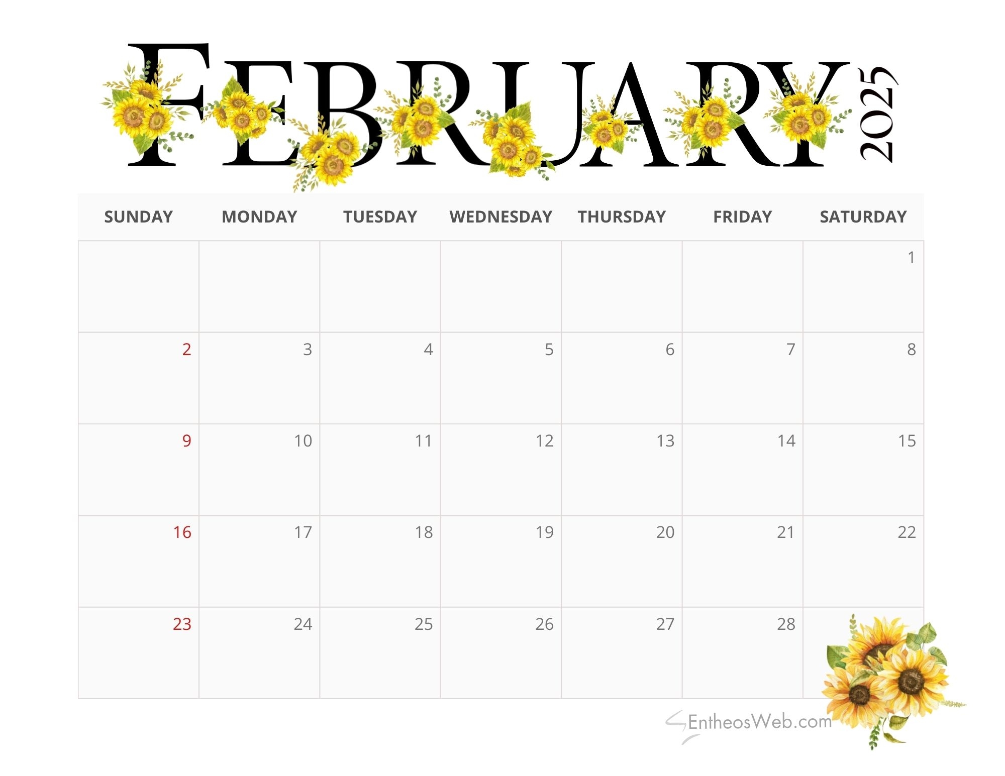 2025 Sunflowers Calendar Printable EntheosWeb