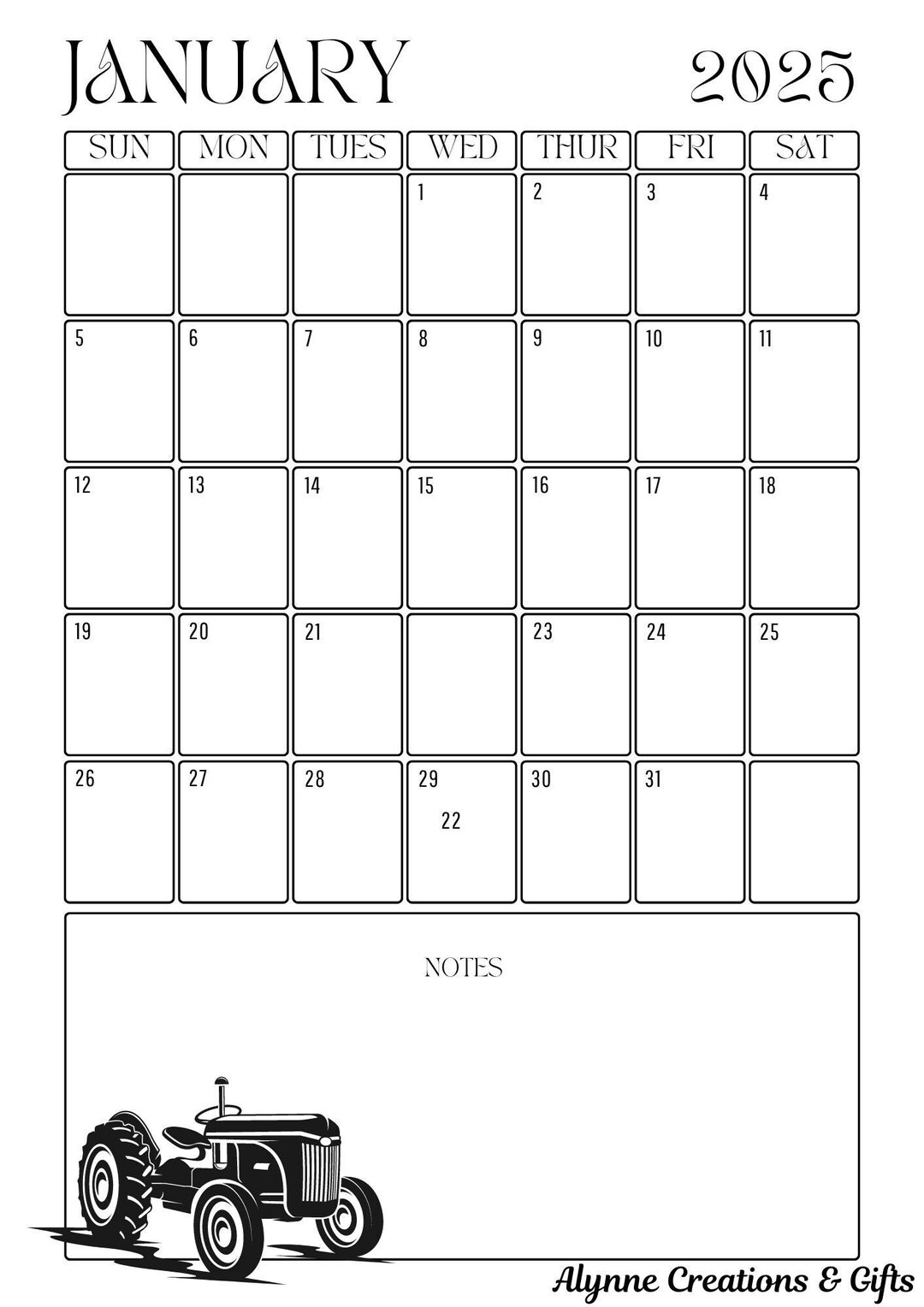 2025 Tractor Monthly Calendar Etsy
