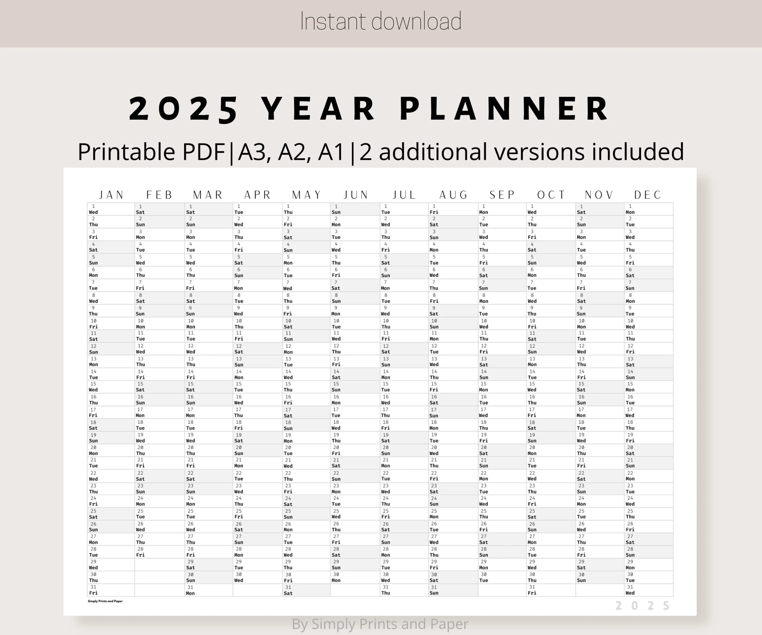 2025 Wall Calendar Black White Printable Yearly Planner A3 A2 A1 digital Download Etsy