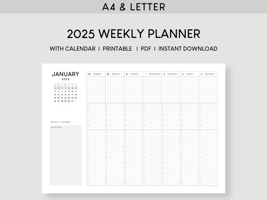 2025 Weekly Planner With Calendar A4 Letter Dated Hourly Printable Template 52 Week Schedule Desk Planner Week At A Glance Etsy