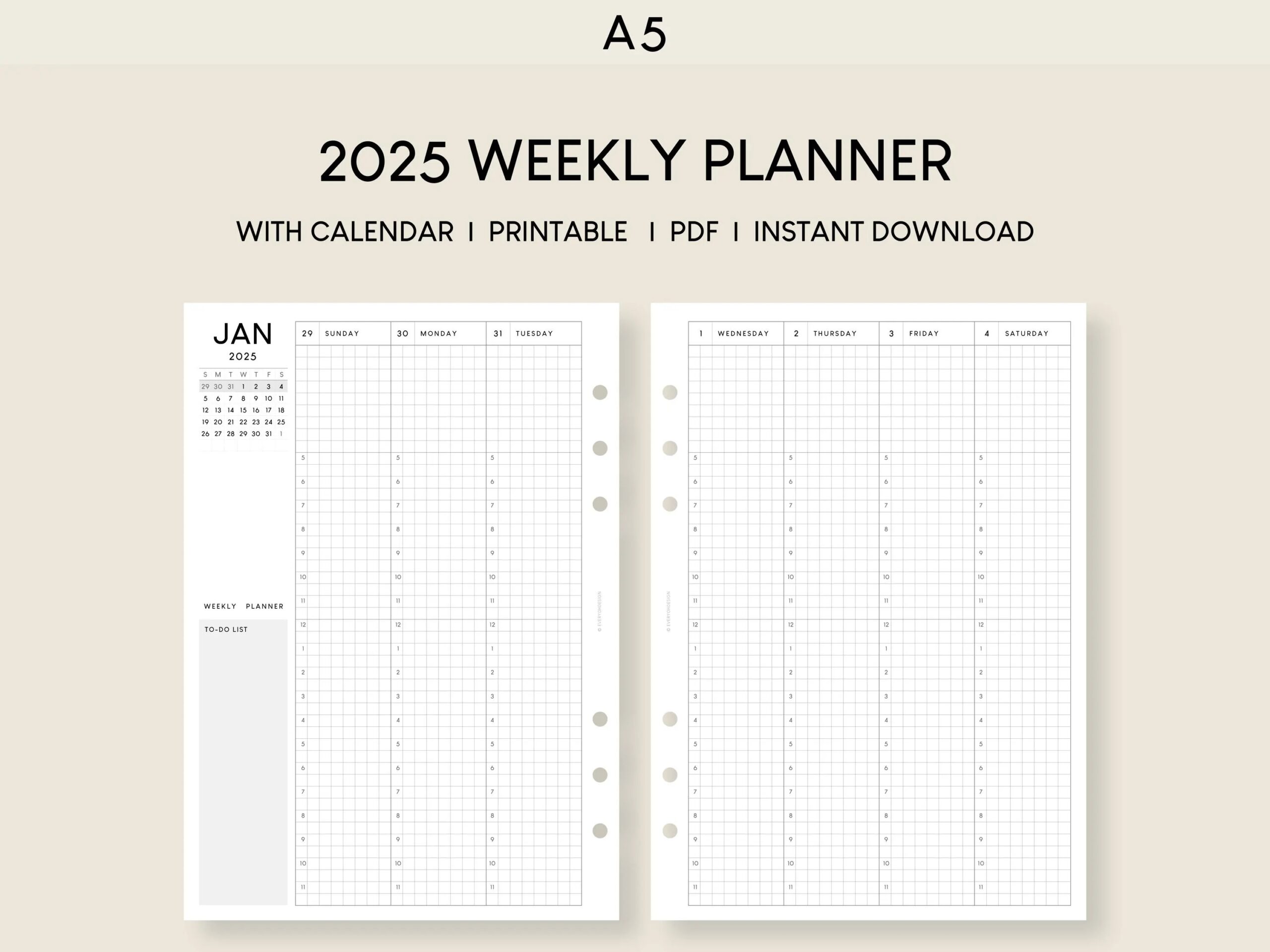 2025 Weekly Planner With Calendar Printable Inserts 52 Week Hourly Journal Template A Week On Two Pages Schedule Planning Management Etsy