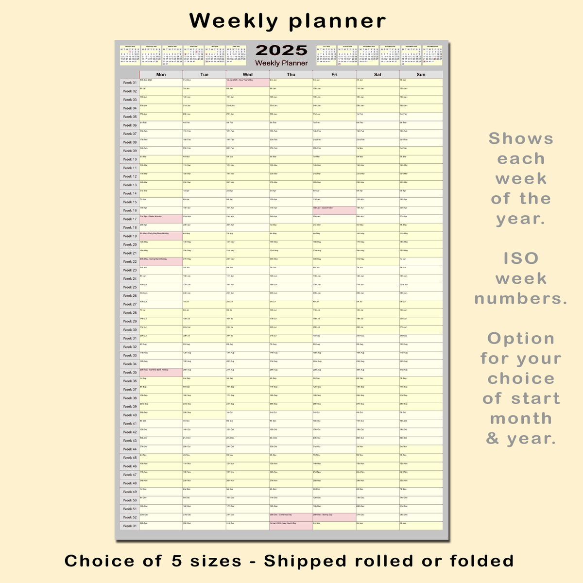 2025 Weekly Wall Planner Calendar ISO Week Numbers 5 Sizes 10 Colours Roll fold EBay