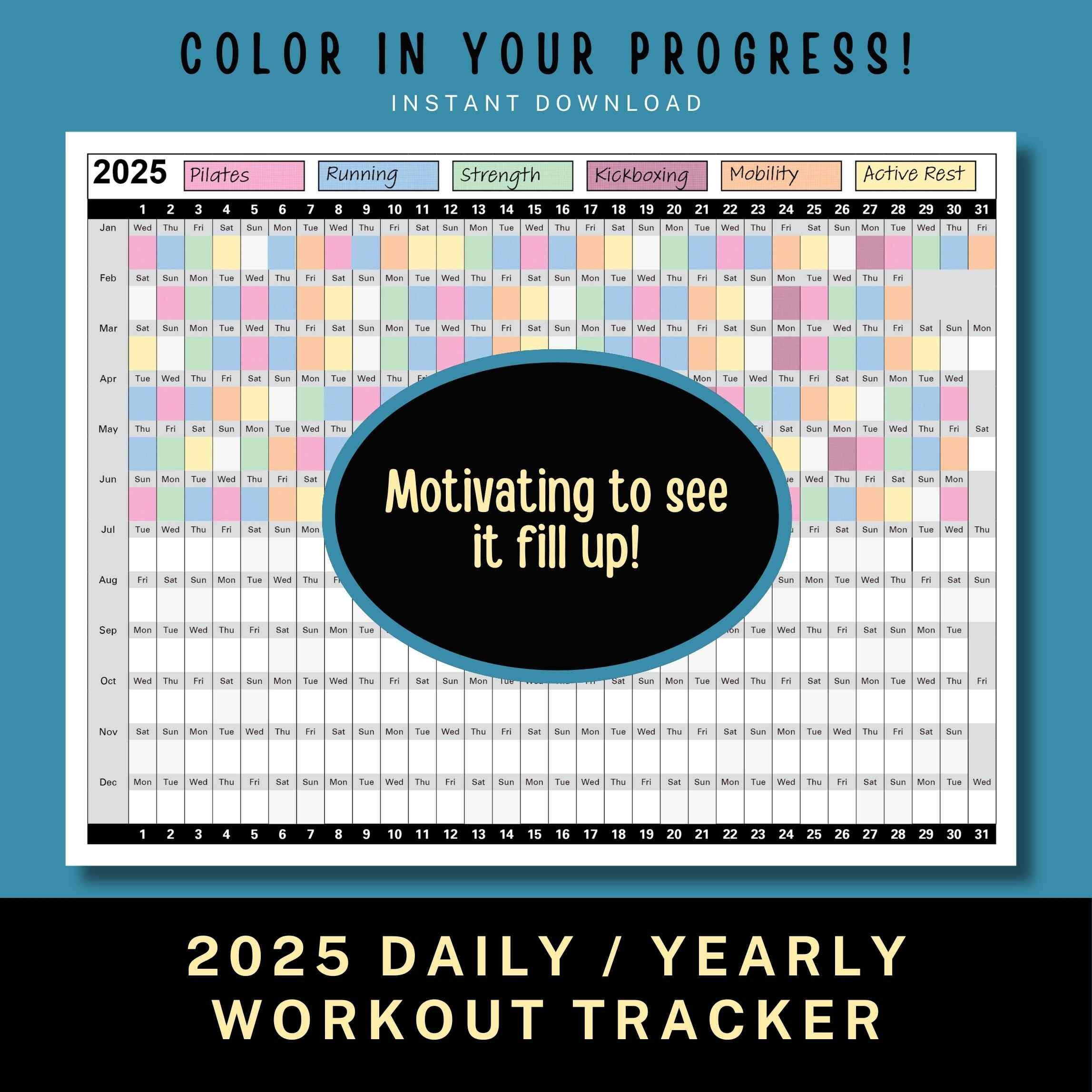 2025 Workout Tracker Daily Yearly Calendar Coloring Exercise Log Habit Tracker Color in Yearly Fitness Calendar Work Out Fitness Planner Etsy