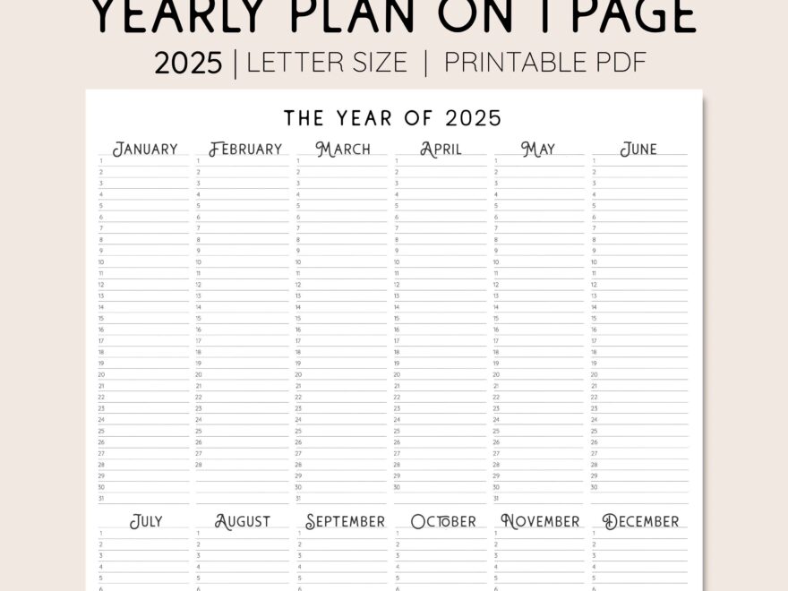 2025 Year At A Glance INSTANT DOWNLOAD Yearly Overview Printable Calendar 2025 Yearly Planner Annual Overview Etsy