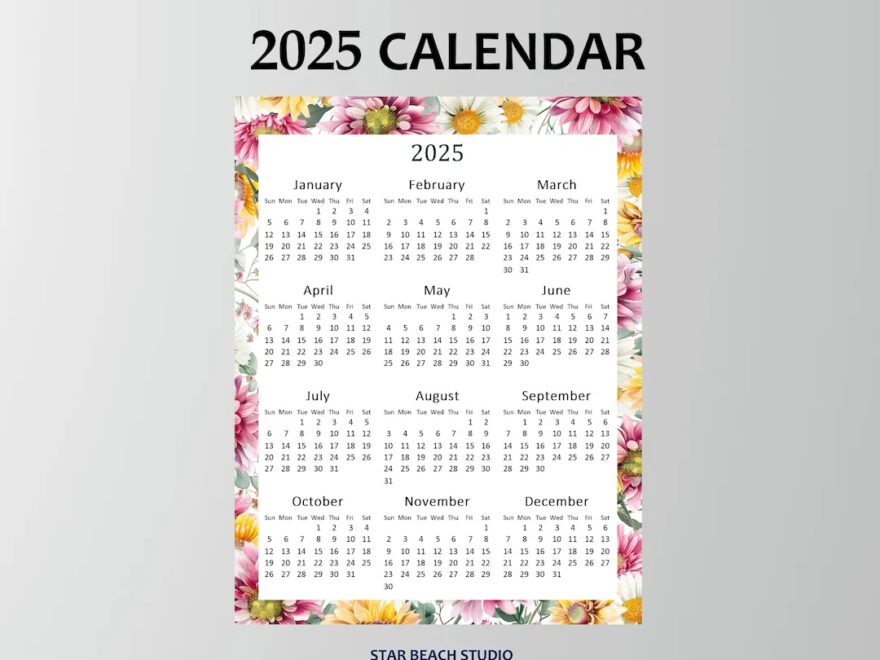 2025 Year Calendar Printable Year At A Glance 2025 Floral Wall Calendar Office Wall Desk year Overview Letter a4 Size 8x10 4 X6 11x17 Etsy