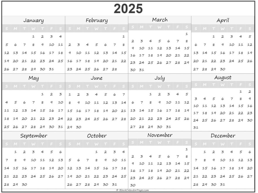 2025 Year Calendar Yearly Printable