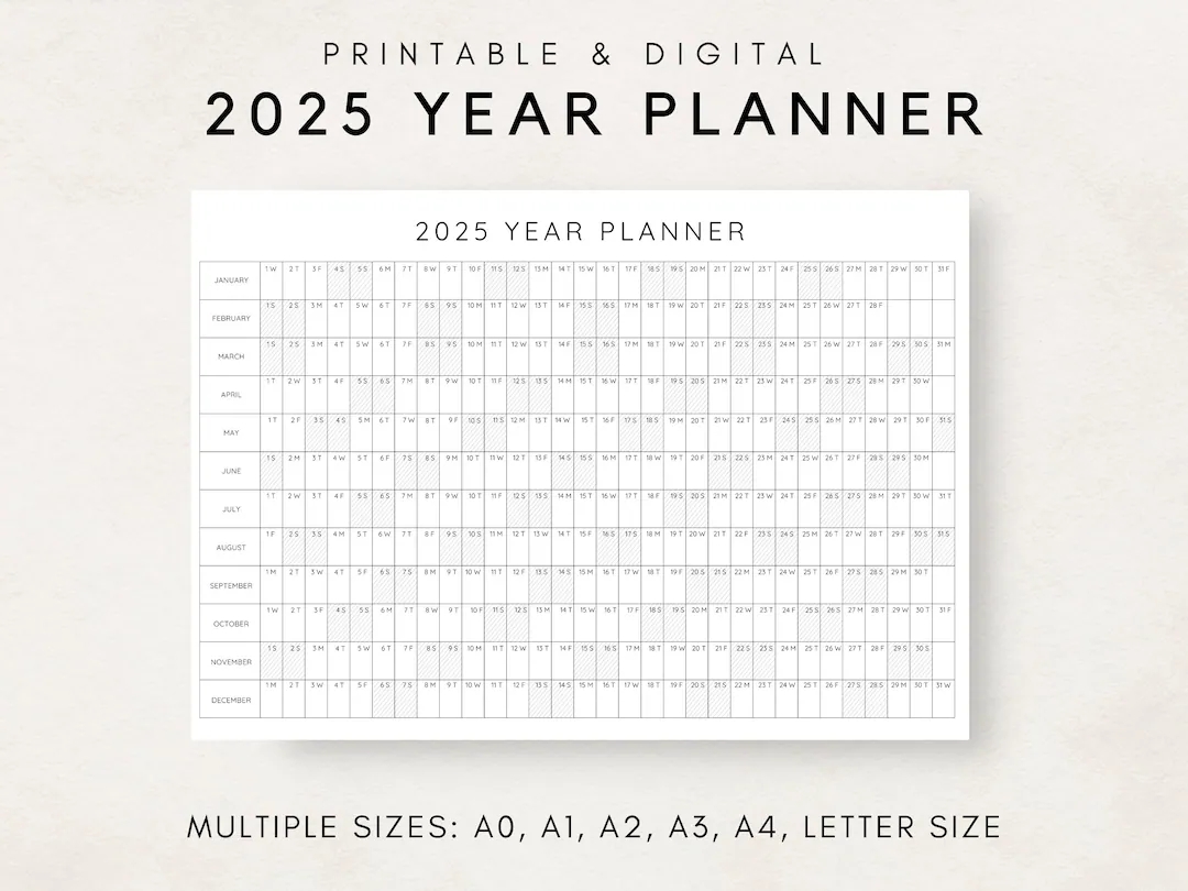 2025 Year Planner Printable Yearly Planning Calendar Calendar Poster 2025 Digital Calendar 2025 Calendar 2025 Planner Year At A Glance Etsy