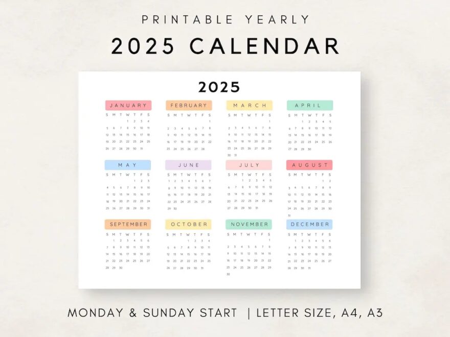 2025 Yearly Calendar Printable Calendar 2025 Calendar 2025 Digital Calendar Year At A Glance 2025 Annual Calendar Yearly Wall Calendar Etsy