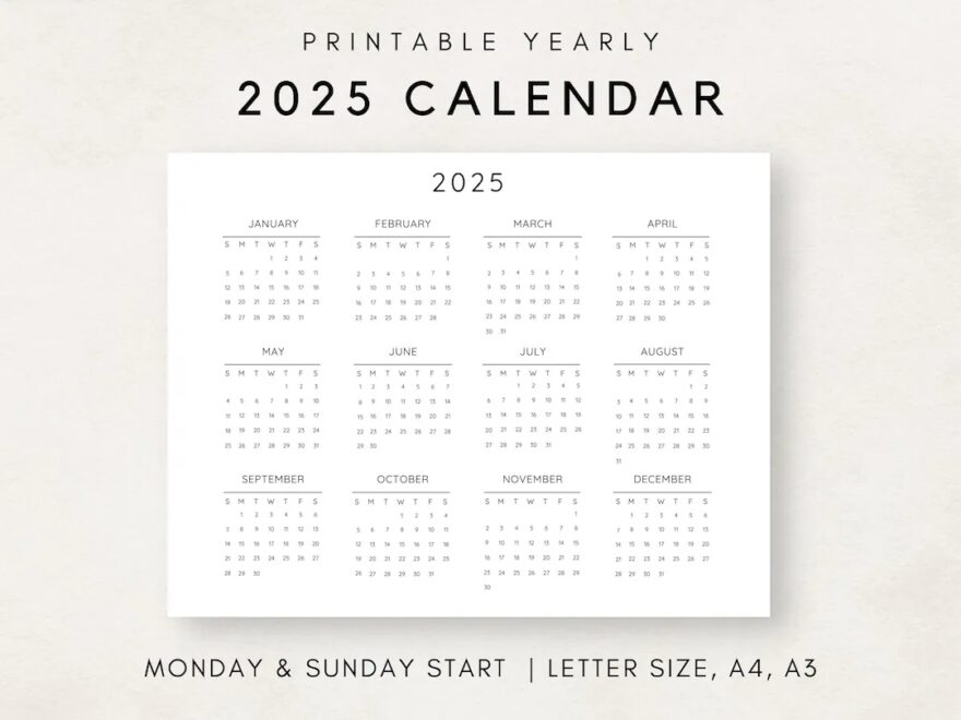 2025 Yearly Calendar Printable Calendar 2025 Calendar Digital Calendar Yearly Wall Calendar Year At A Glance 2025 Annual Calendar Etsy