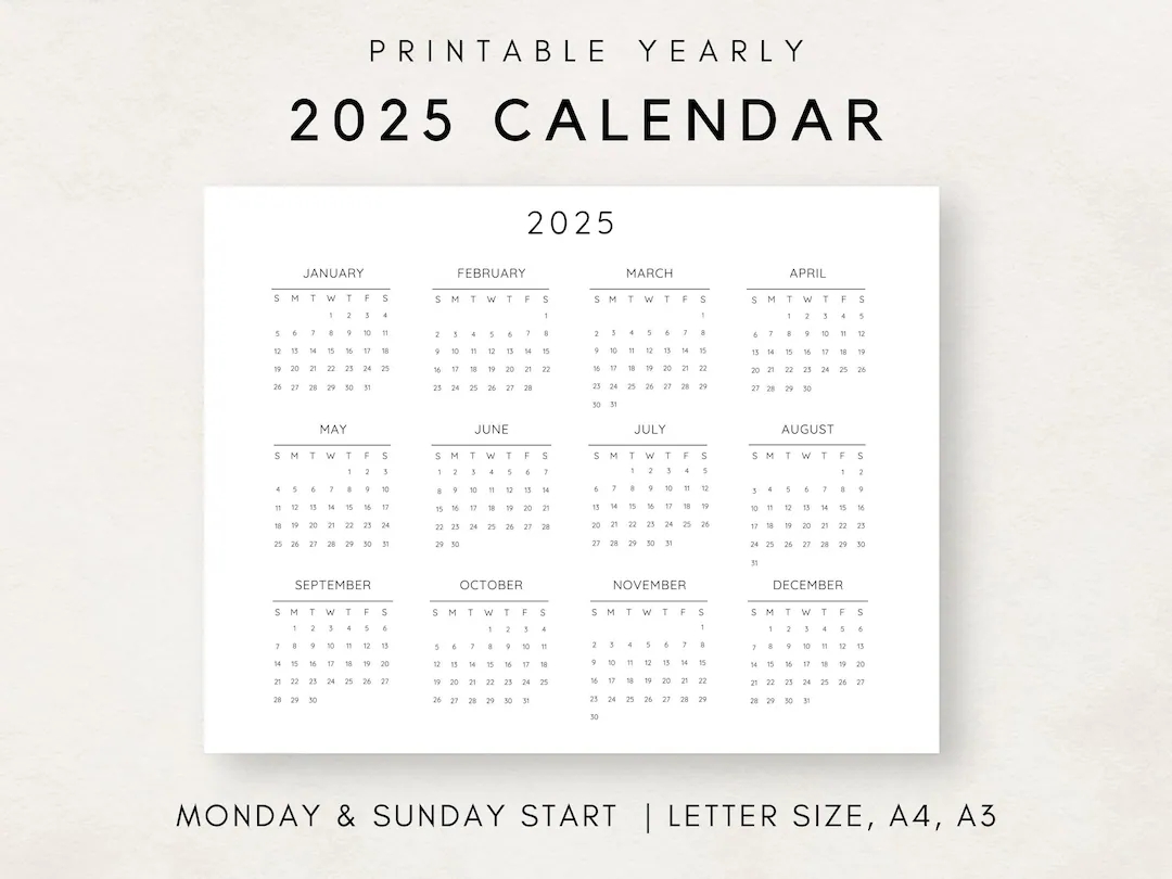 2025 Yearly Calendar Printable Calendar 2025 Calendar Digital Calendar Yearly Wall Calendar Year At A Glance 2025 Annual Calendar Etsy