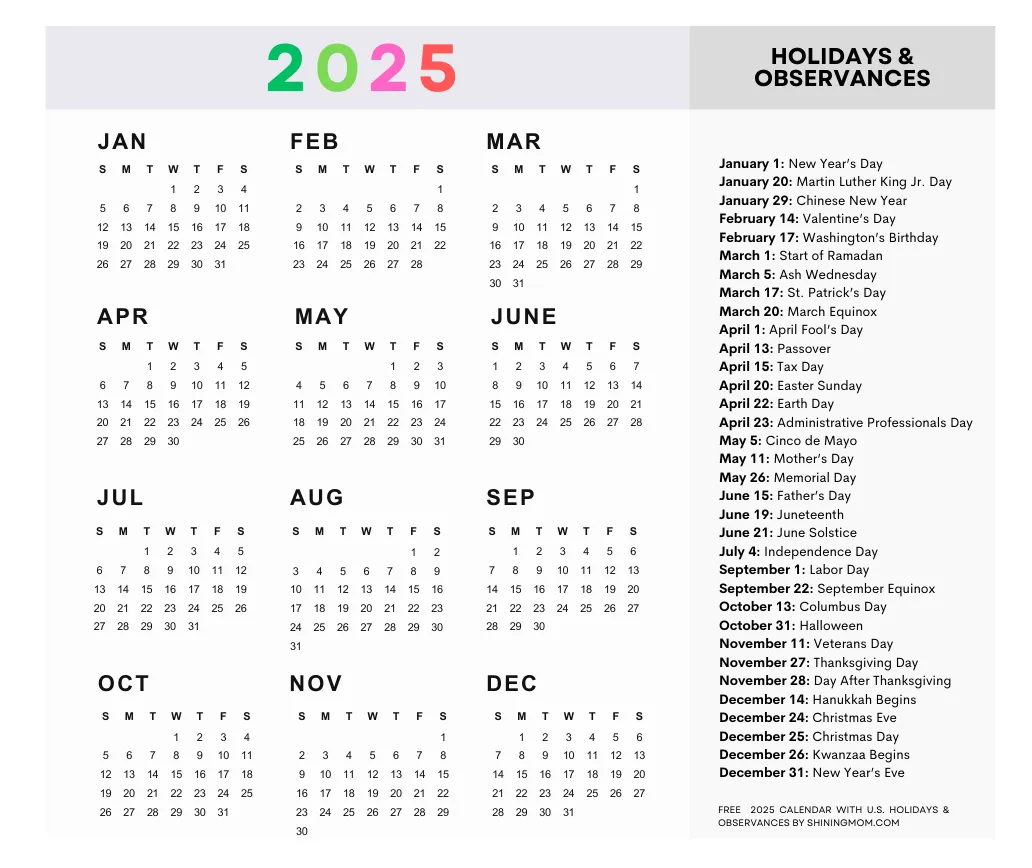 2025 Yearly Calendar Printables 30 Beautiful One Page Calendars 
