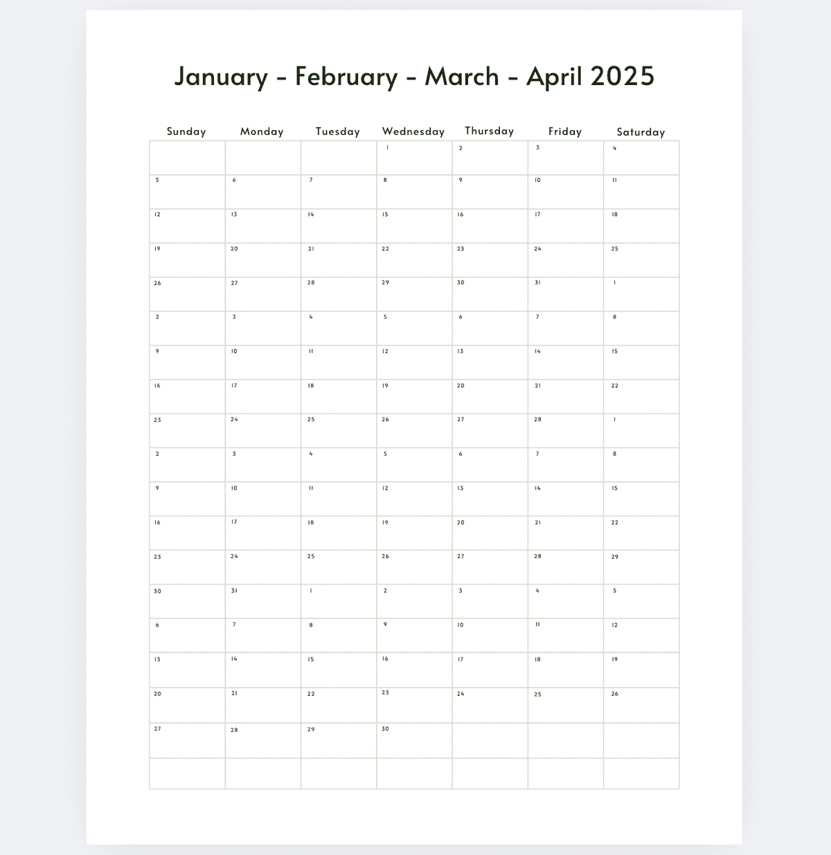 4 Month Calendar January April 2025