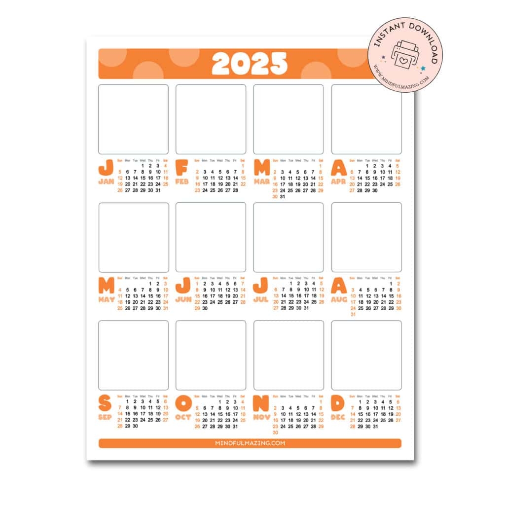 8 Free One Page Yearly Calendars For 2025 Color Draw Mindfulmazing