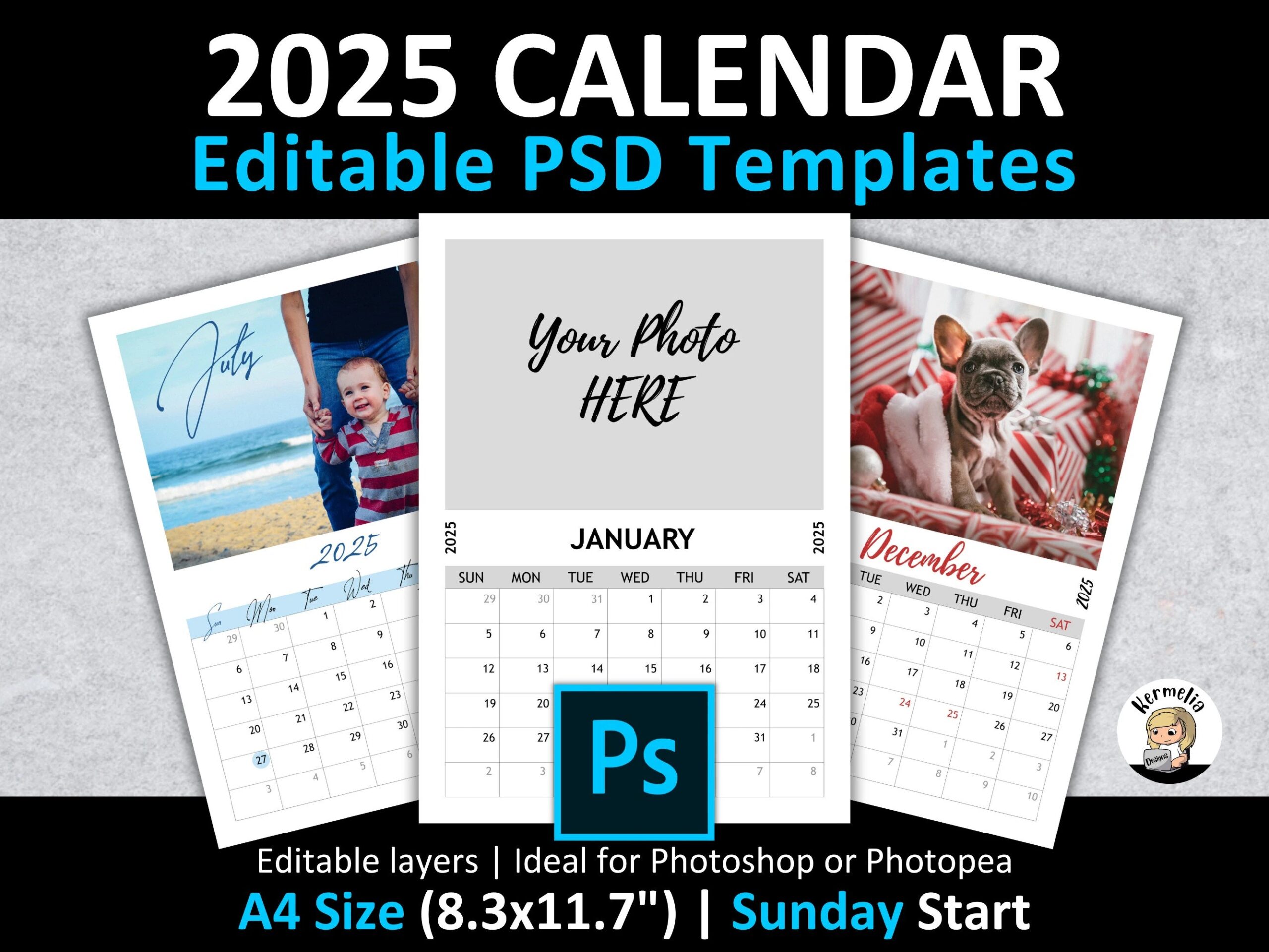 A4 8 3x11 7 2025 CALENDAR PSD Template Sunday Start Editable Layers Photoshop Photopea 300 Dpi Photo Planner Gift Christmas Holiday Etsy