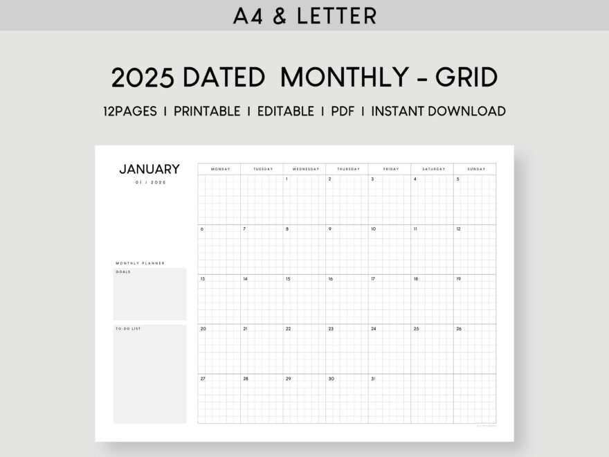 A4 Letter 2025 Calendar Monthly Printable Planner Schedule Editable Template Minimalist Time Management Timetable Goal To do List Etsy