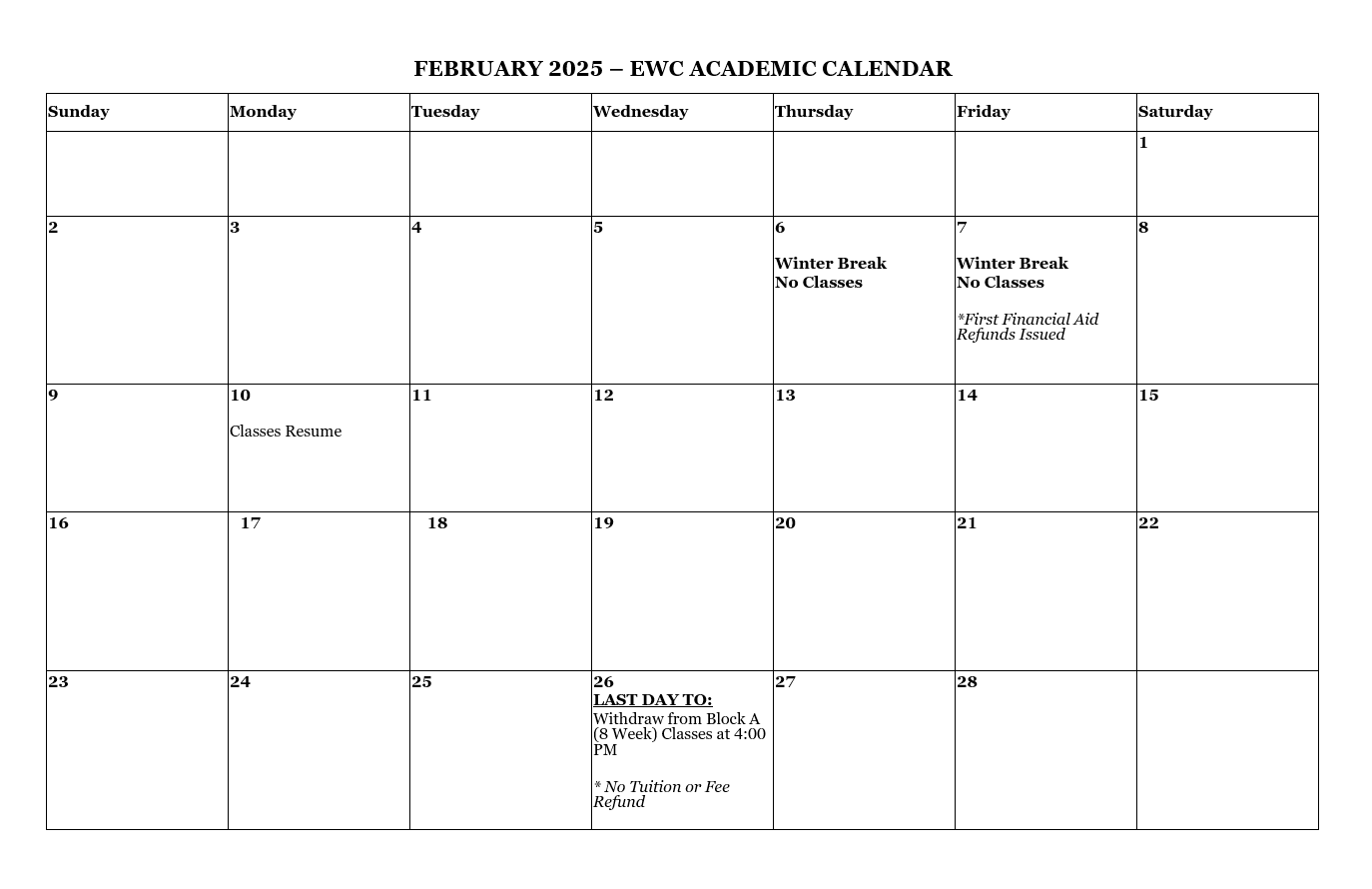 2025 Spring Semester Calendar Blank