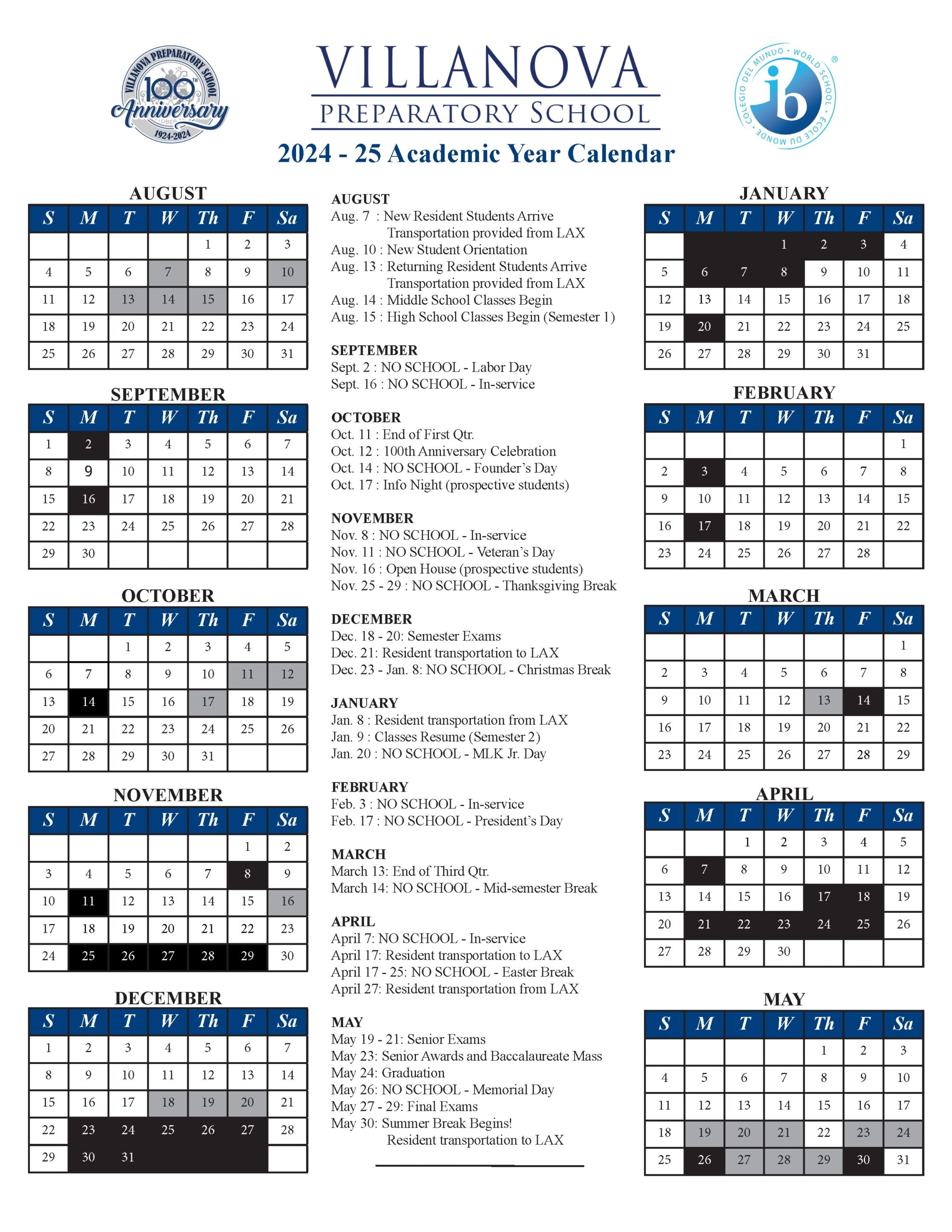 Academic Calendar Villanova Calendar