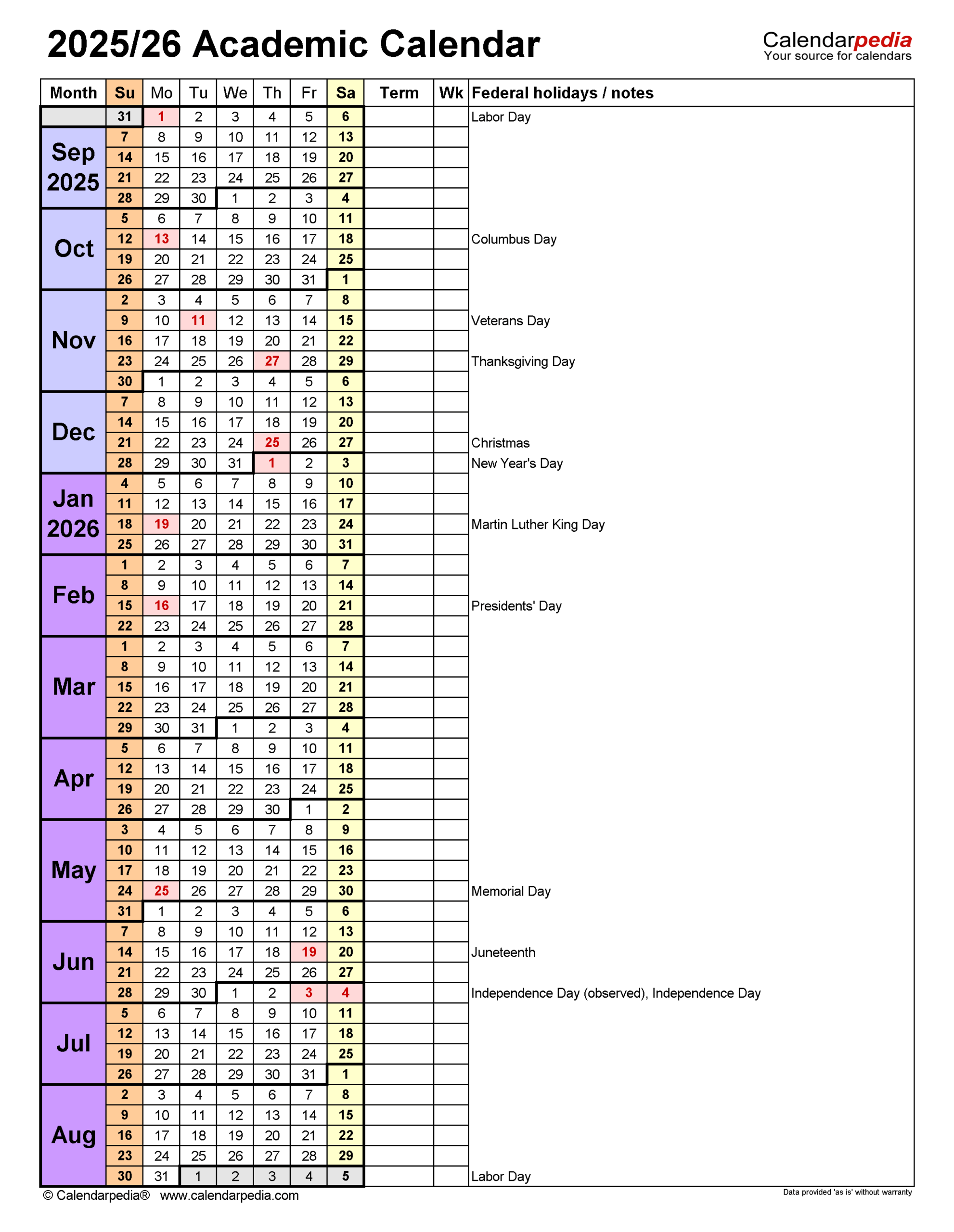 Academic Calendars 2025 2026 Free Printable PDF Templates