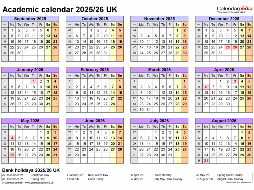 Academic Calendars 2025 26 UK Free Printable PDF Templates
