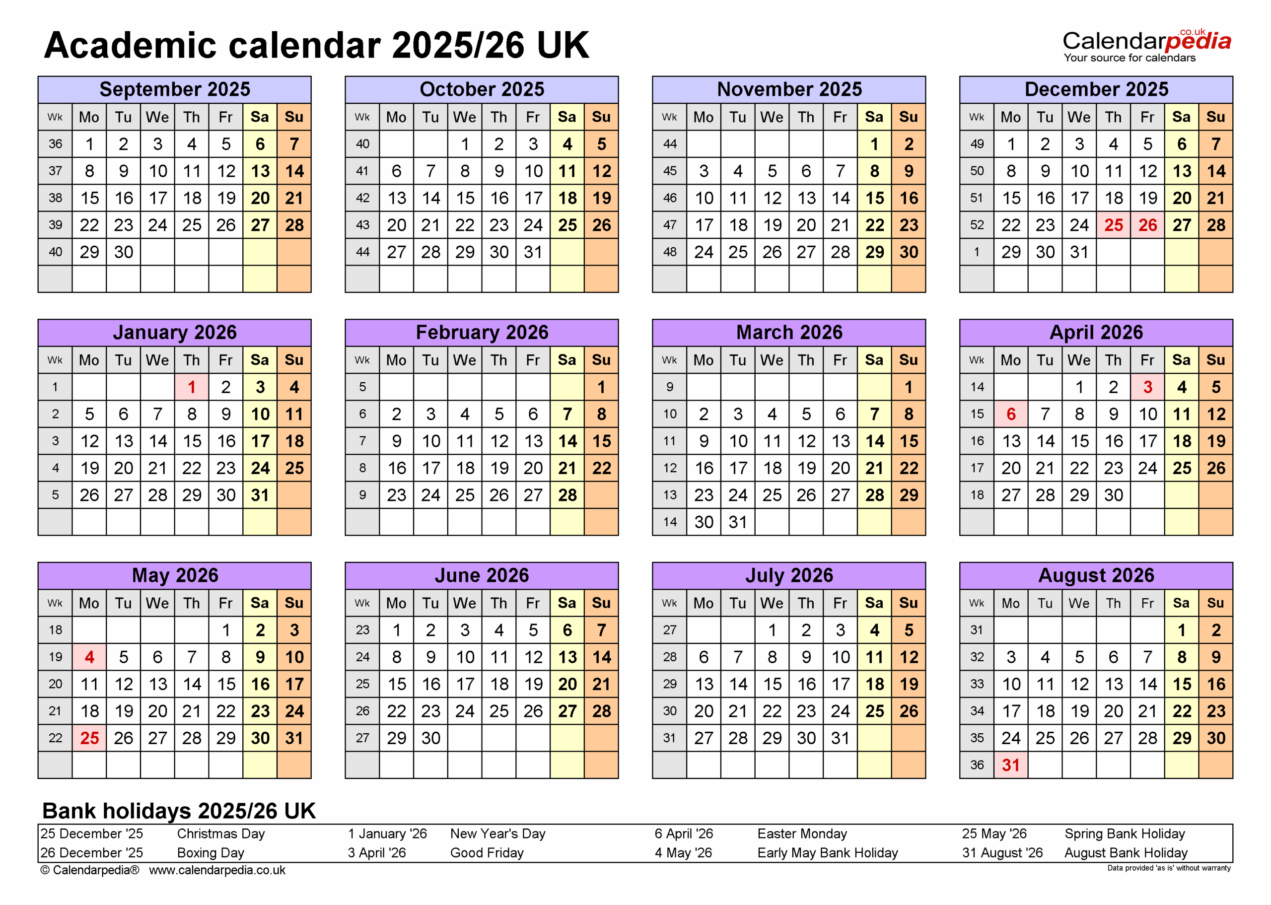 Academic Calendars 2025 26 UK Free Printable PDF Templates
