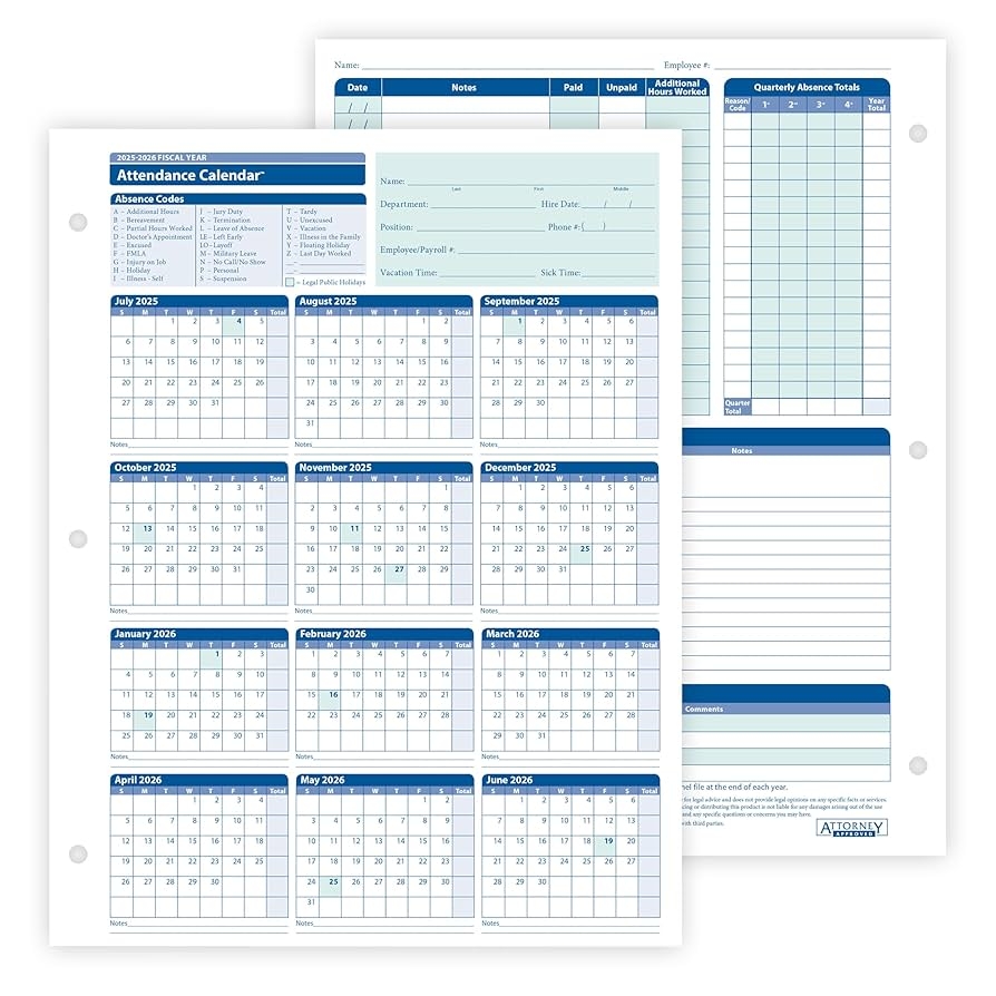 Amazon ComplyRight 2025 2026 Fiscal Attendance Calendar Pack Of 50 Office Products