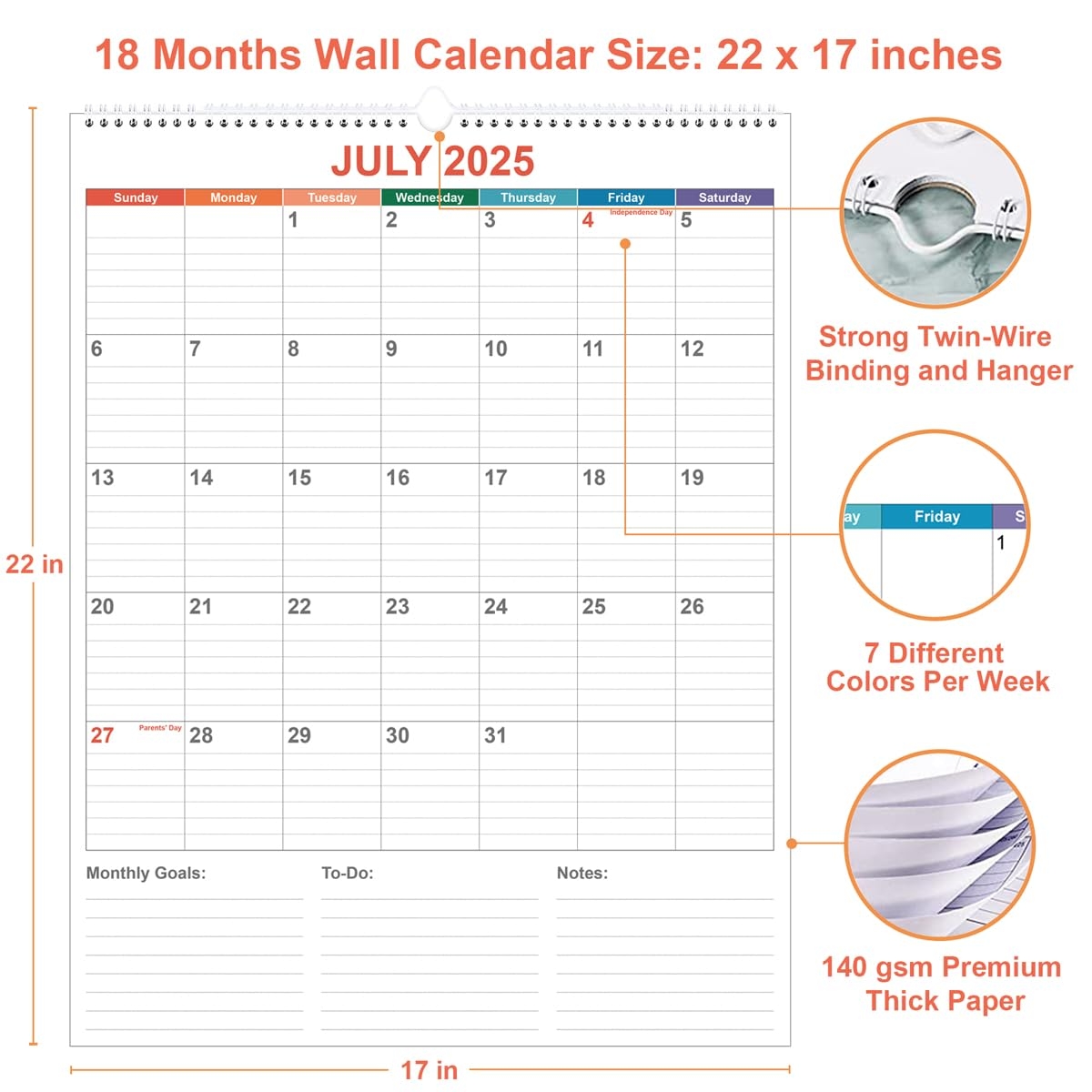 Amazon Large Calendar 2025 2026 With Spiral Bound 18 Month Big Calendar From July 2025 To December 2026 Vertical Large Monthly Planner 2025 2026 For Wall Calendario 2025 26 22 X 17 Colorful Office Products