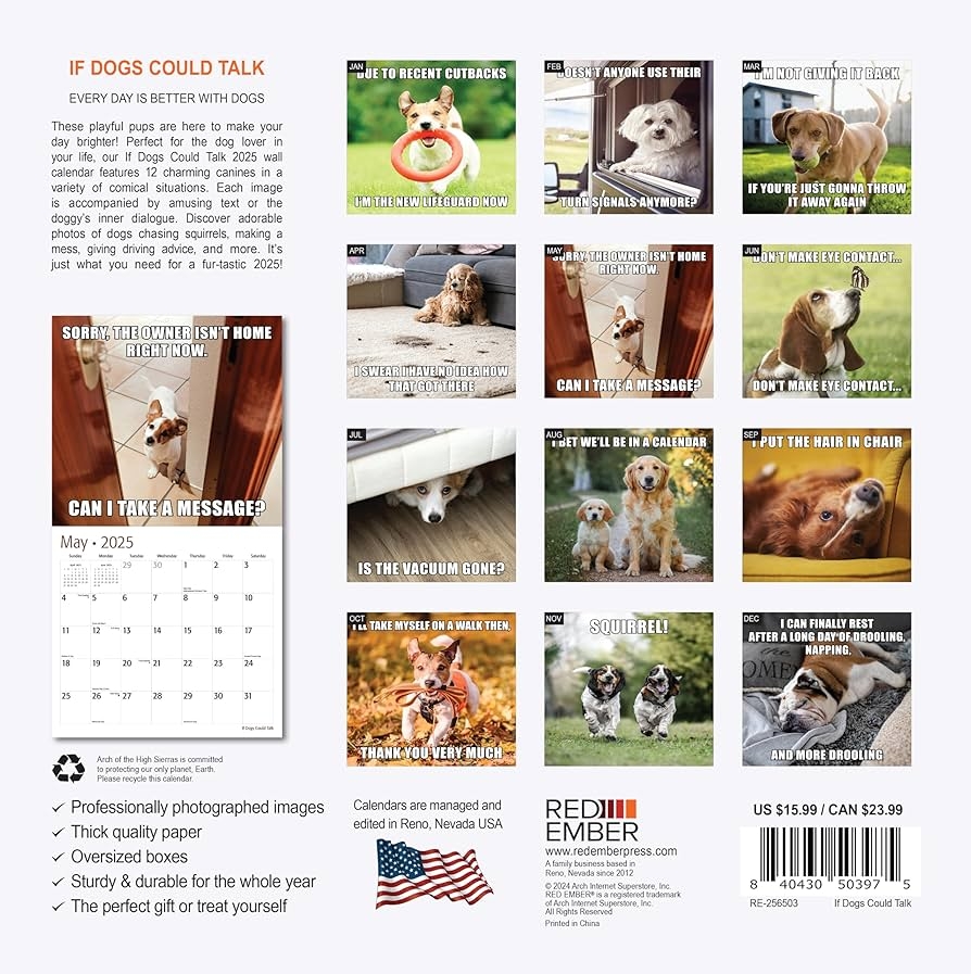 Amazon RED EMBER If Dogs Could Talk 2025 Wall Calendar 12 Month 12 X 24 Open Thick Sturdy Paper Giftable Calendar 2025 Office Products