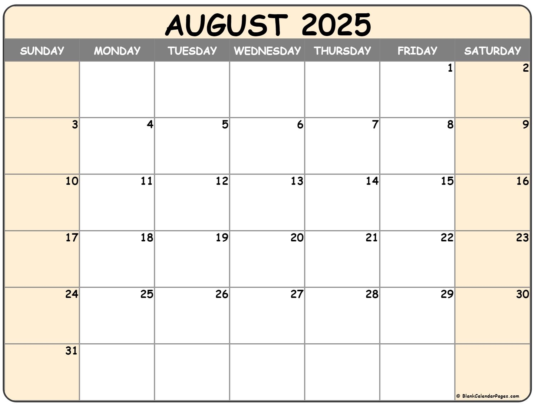 August 2025 Calendar Free Printable Calendars