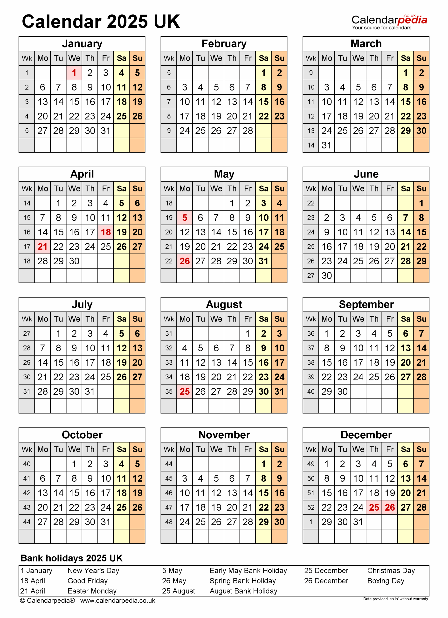 Calendar 2025 UK Free Printable Microsoft Word Templates