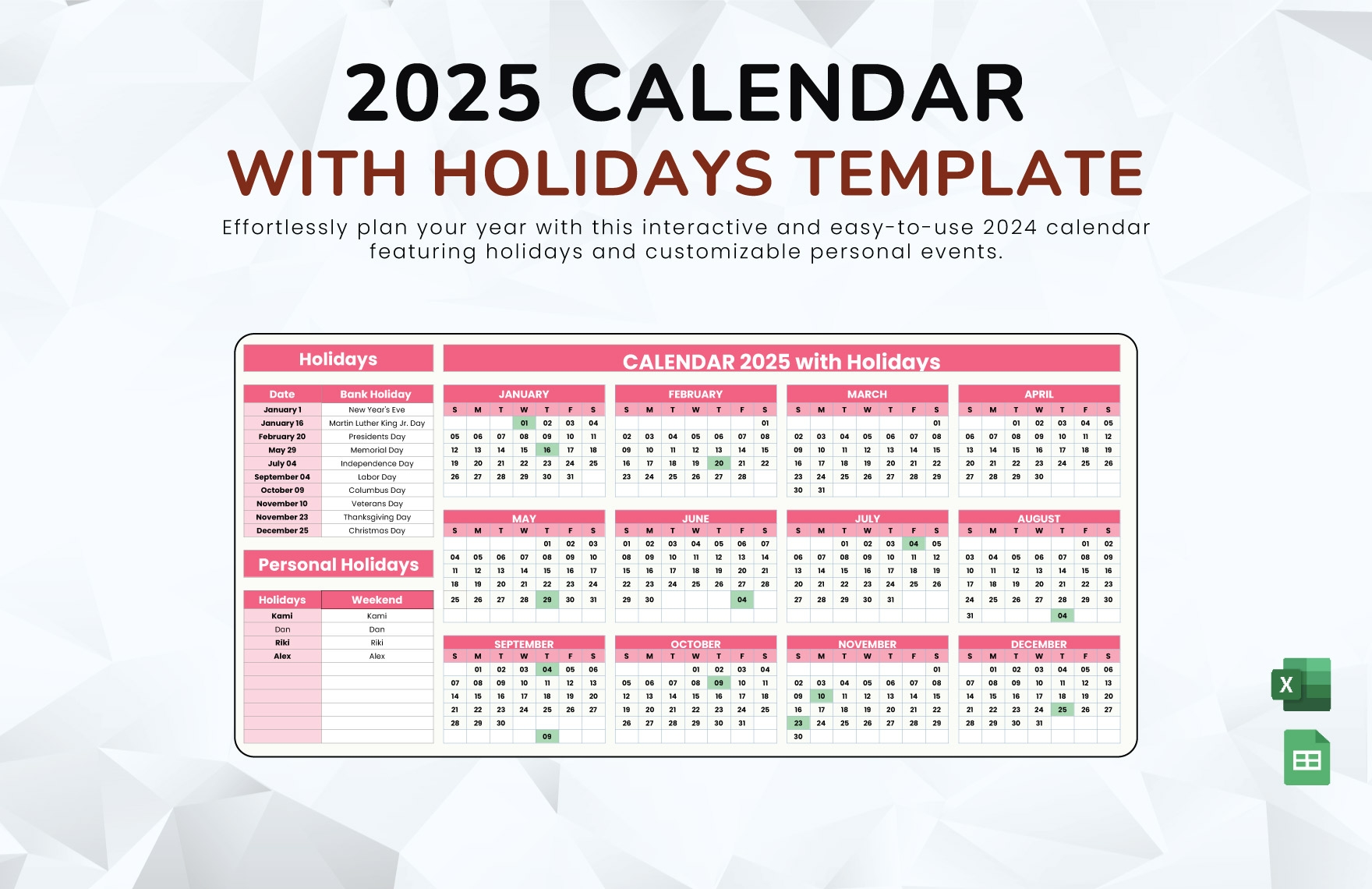 Calendar 2025 With Holidays Template In Google Sheets Excel Download Template